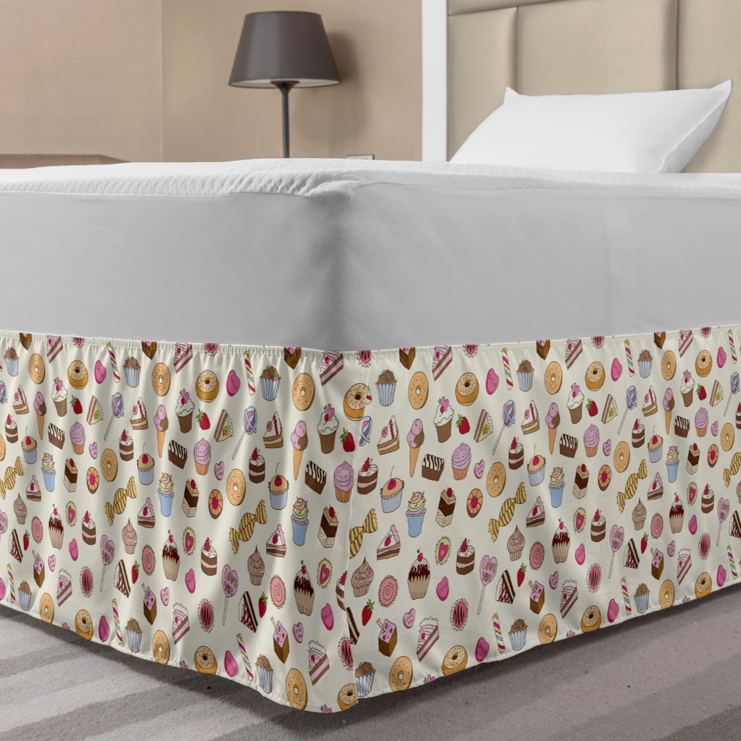 Ambesonne Dessert Bed Skirt - Candy & Ice Cream Pattern, Elastic Wrap Around for Bed Decor - Perfect for Sweet-Themed Bedrooms