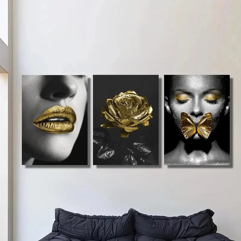 3-Piece Gold Lipstick Girl Wall Art Set - Framed Canvas Prints 40x60cm - High Quality Australian Made Wall Decor - Perfect for Living Room, Bedroom & Office Decor
