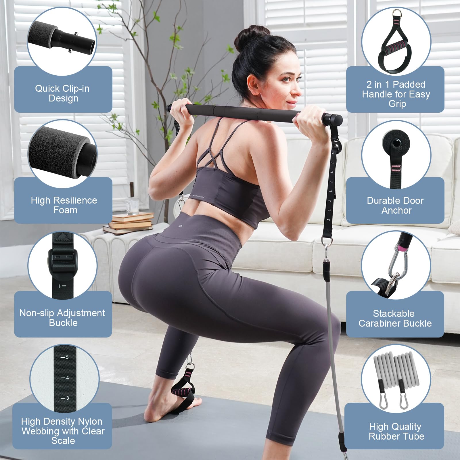 Premium Pilates Bar Kit with 5 Resistance Bands - Adjustable Home Workout Equipment for Women | Yoga, Stretching & Strength Training | Portable Gym Accessories for Home, Office & Travel