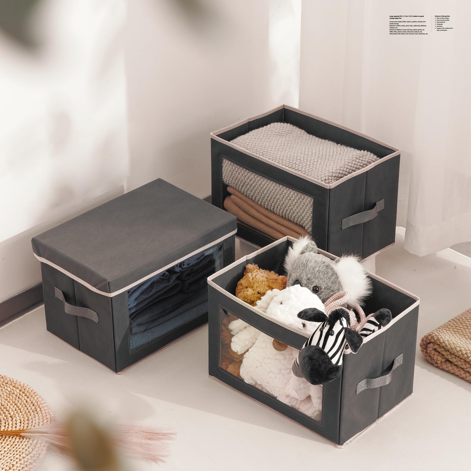 Fabric Storage Bins with Lids - Collapsible Closet Organizer Boxes with Window for Clothes, Towels, Books | Space-Saving Home Organization Solution for Bedroom, Nursery & Office (3-Pack, Grey)
