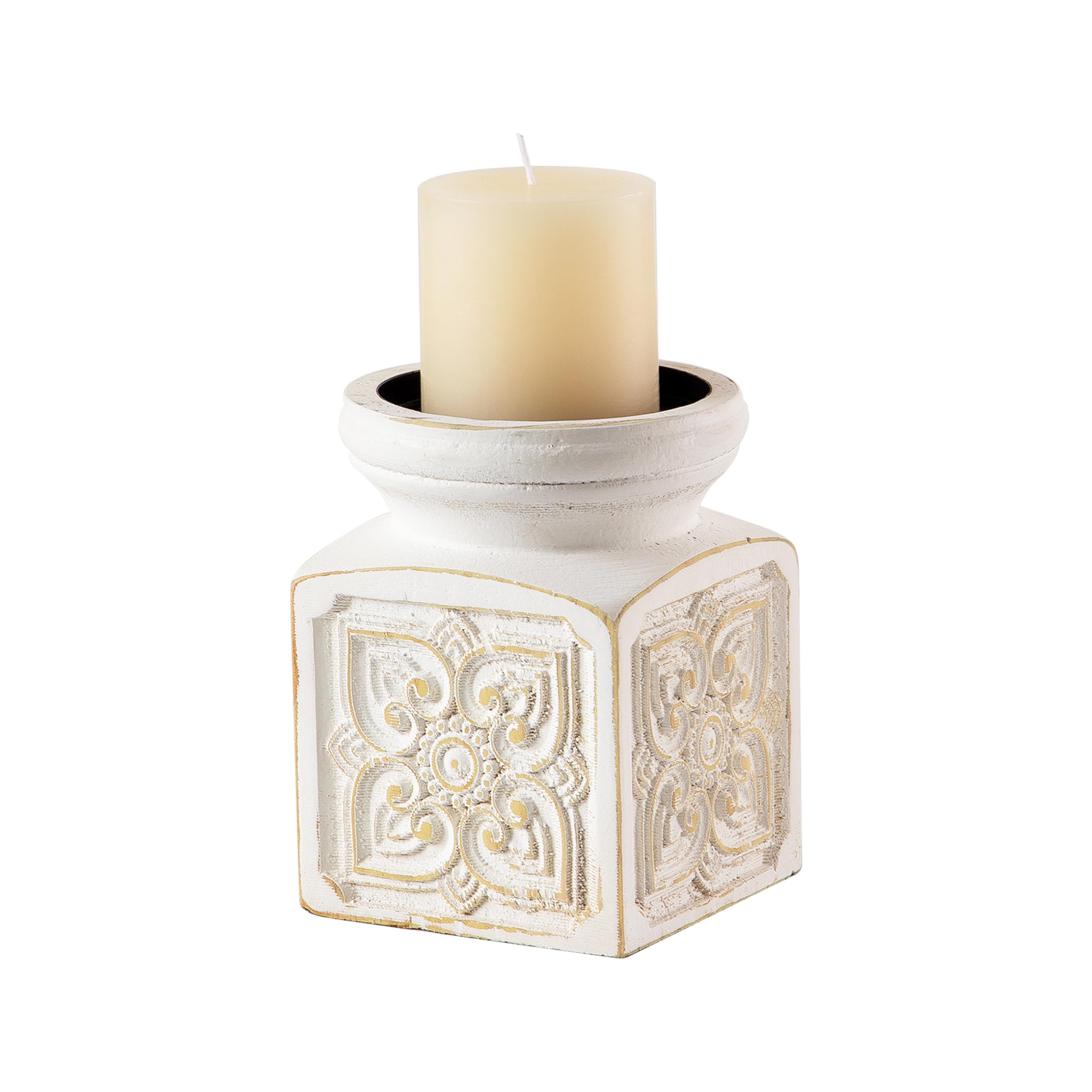 SOFE Antique White Wooden Candle Holder - Large Rustic Pillar Candle Stand with Floral Patterns, Handmade Table Centerpiece for Living Room, Wedding, Dining Room Decor - Perfect for Romantic Dinners, Holiday Decorations and Cozy Home Aesthetics