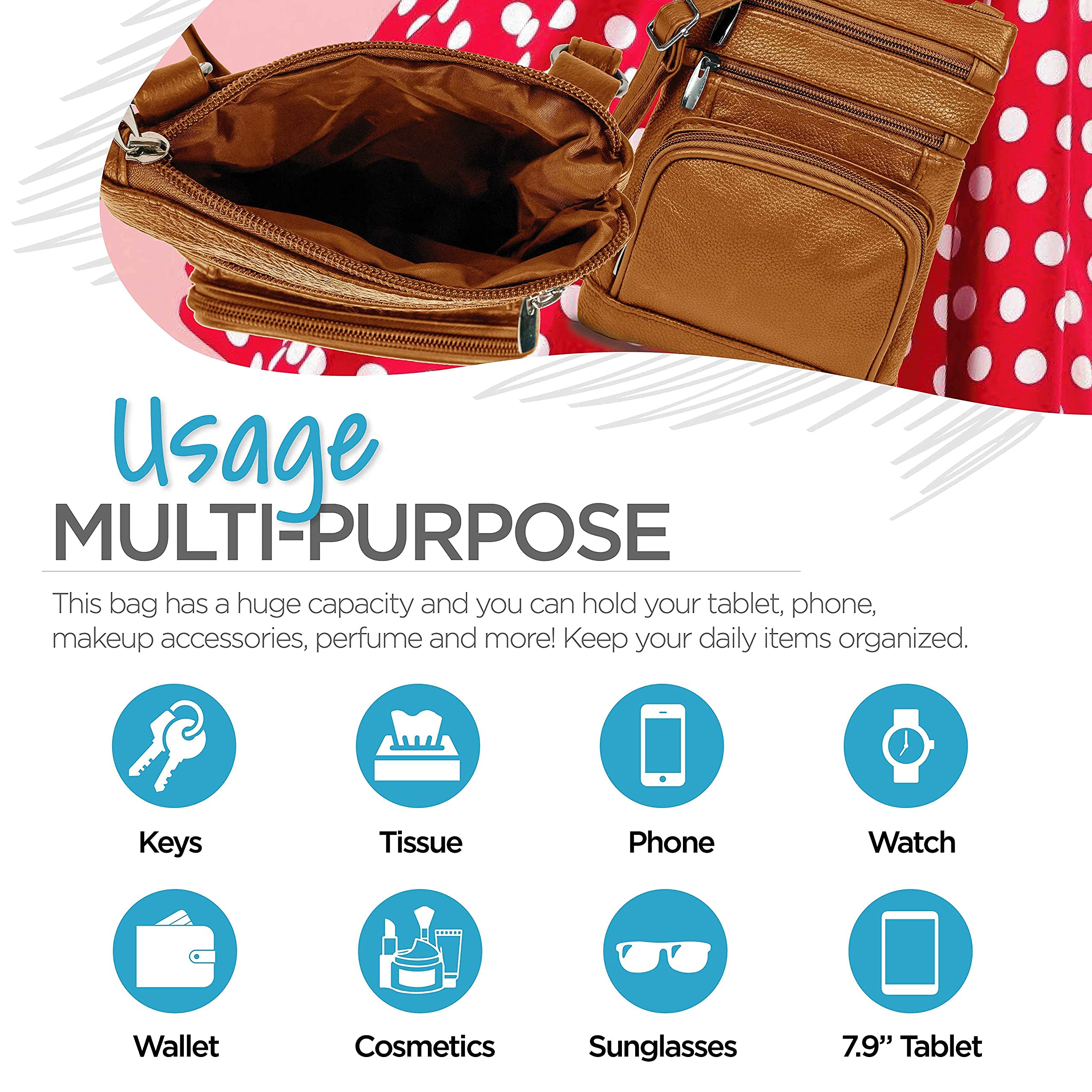 Premium Genuine Leather Crossbody Purse for Women - Multi-Pocket Adjustable Shoulder Bag with Soft Durable Leather - Perfect for Travel, Shopping & Everyday Use