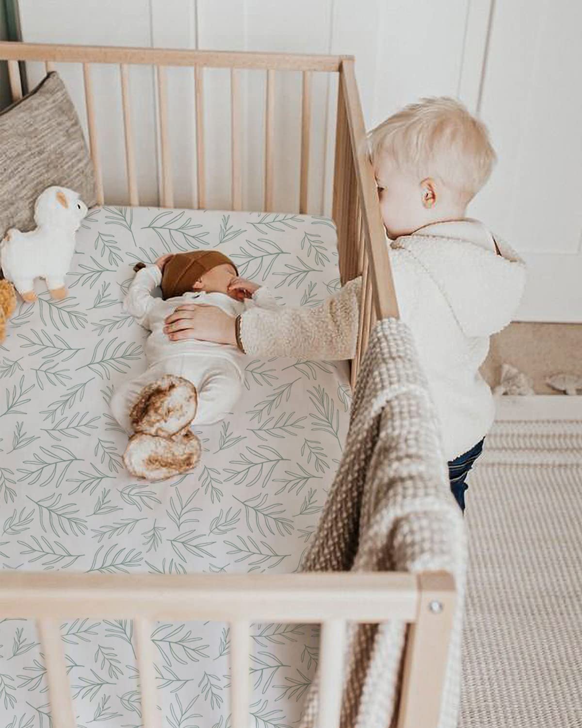 **Babebay 2-Pack Soft Cotton Fitted Crib Sheets for Boys & Girls - Neutral Sage Green, Fits Standard Crib & Toddler Mattress (52