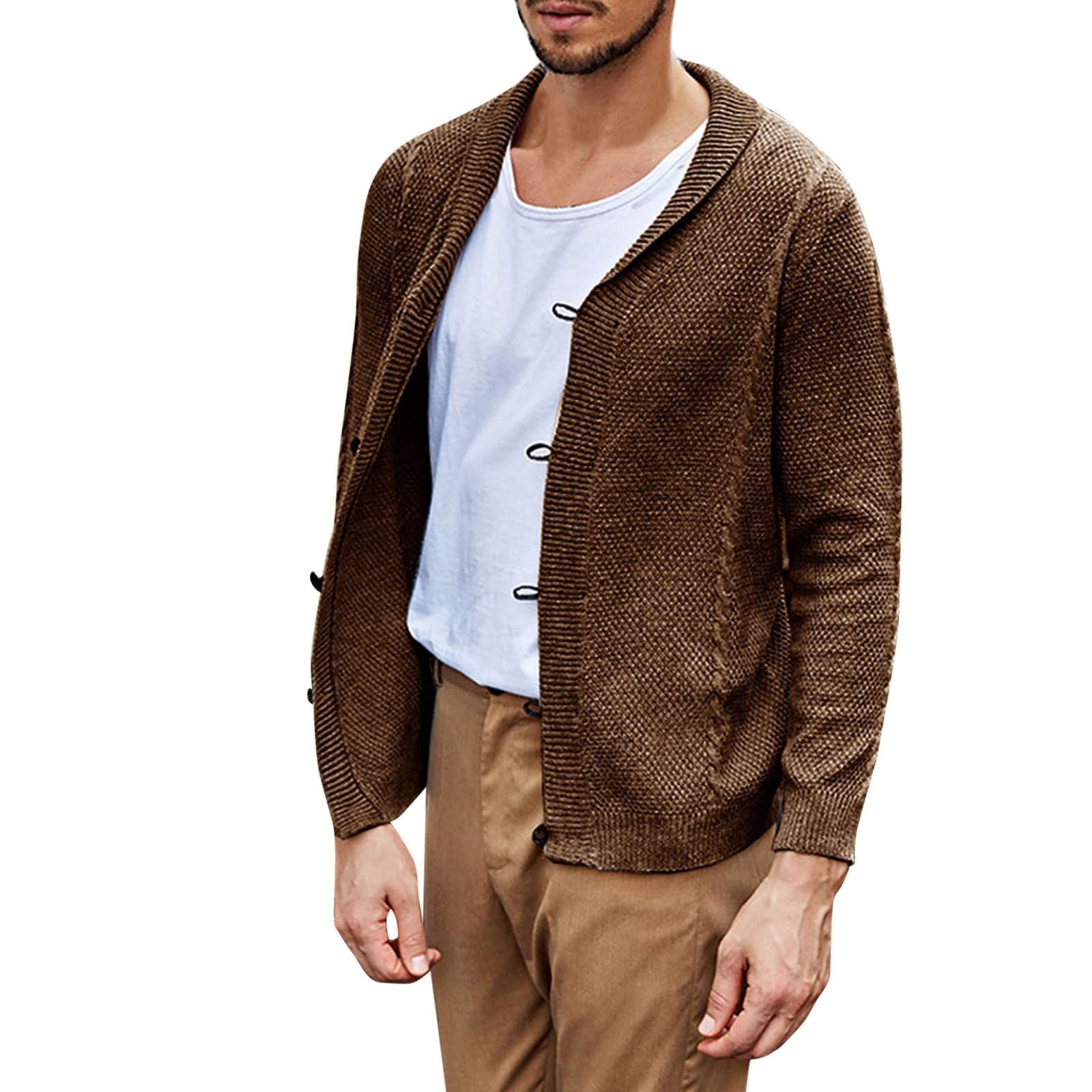 Men's Solid Color Knit Cardigan Sweater - Single-Breasted Lapel Long Sweater Jacket for Casual Wear & Office Outfits