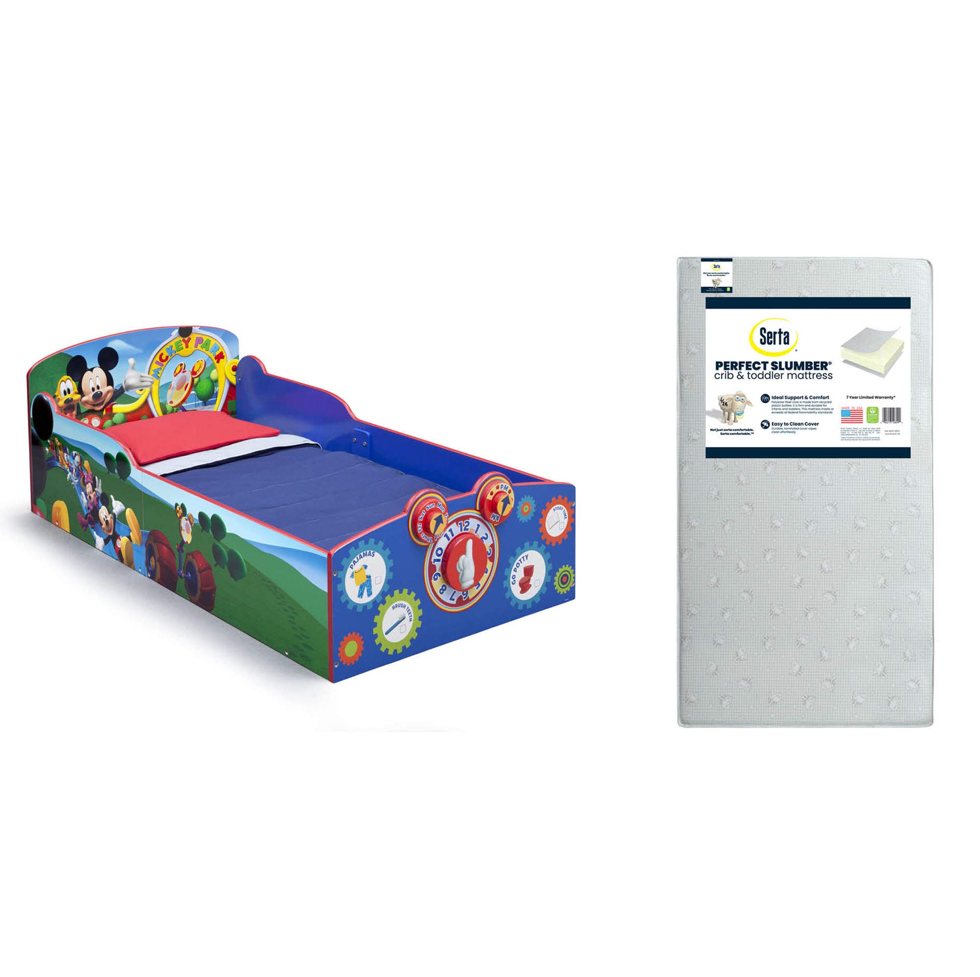 **Delta Children Disney Mickey Mouse Interactive Wood Toddler Bed with Serta Perfect Slumber Dual-Sided Recycled Fiber Core Mattress – Safe & Comfortable Kids Bedroom Set for Boys & Girls**    *(Perfect for nursery, toddler room, or first big-kid bed transition!)*