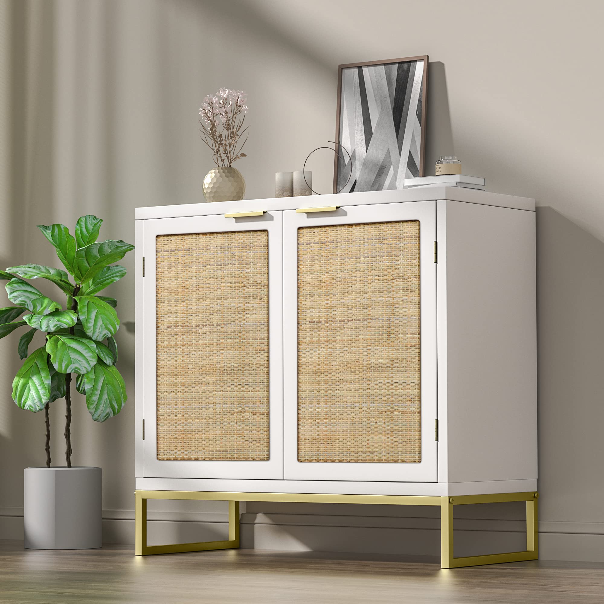 Anmytek White Rattan Cabinet with 2 Doors - Natural Rattan Sideboard Buffet Storage for Kitchen, Dining Room & Living Room - Versatile Furniture Organizer H0013