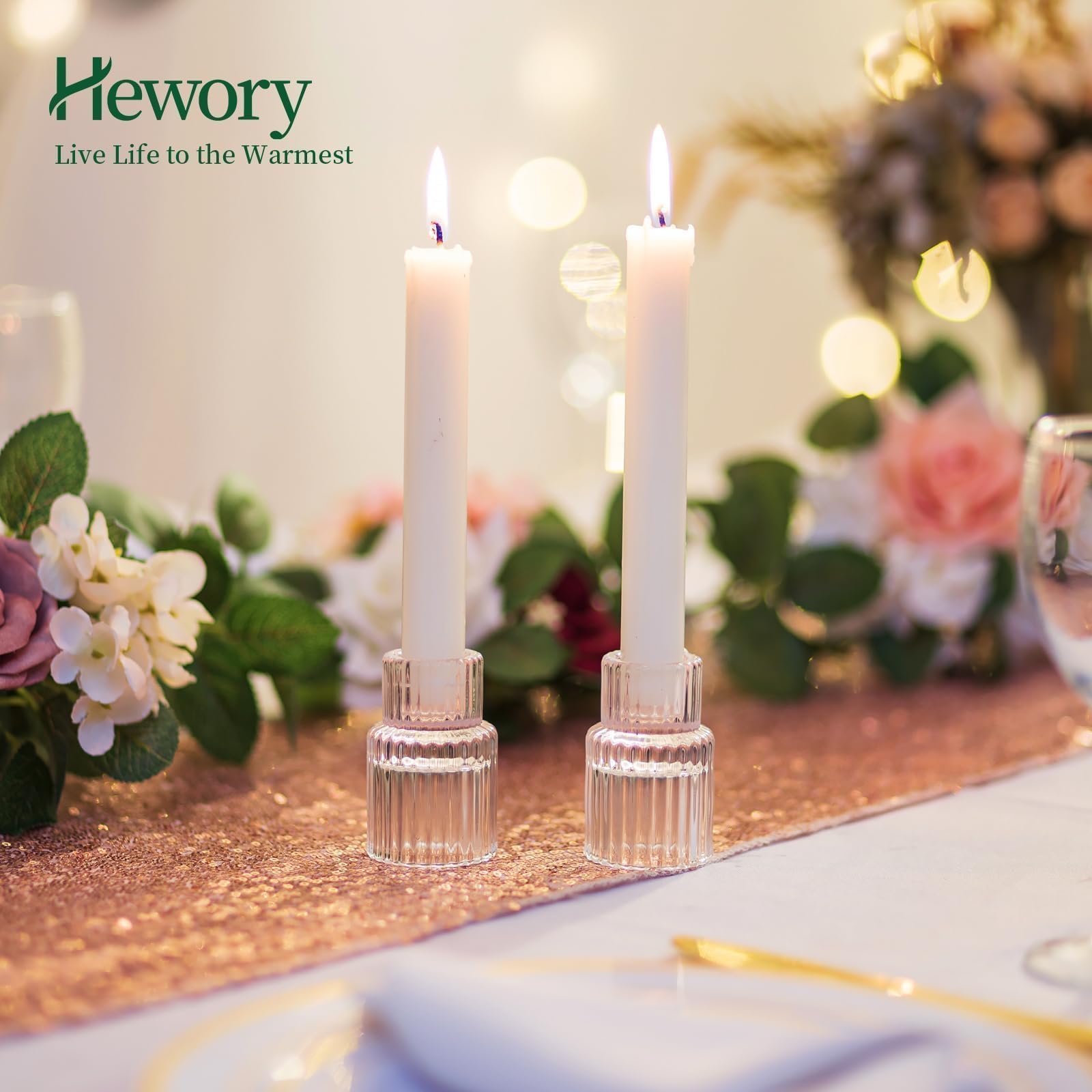 Hewory 20PCS Clear Glass Taper Candle Holders Bulk Set - Elegant Candlestick Holders for Table Centerpiece Decor, Perfect for Christmas, Wedding, Party & Bridal Showers - Create Romantic Ambiance for Dining & Home Decor
