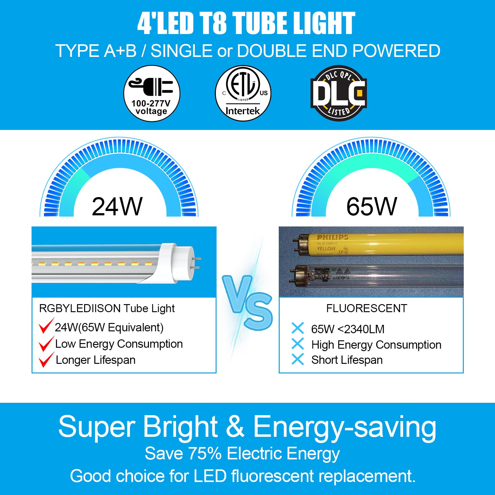 T8 T12 LED Bulbs 4 Foot - 6CCT Adjustable (3000K-6500K) - 10W-24W Hybrid Type A+B - Plug & Play/Ballast Bypass - ETL DLC Certified - 6 Pack White - Energy Saving Fluorescent Tube Replacement for Garage, Warehouse & Office Lighting