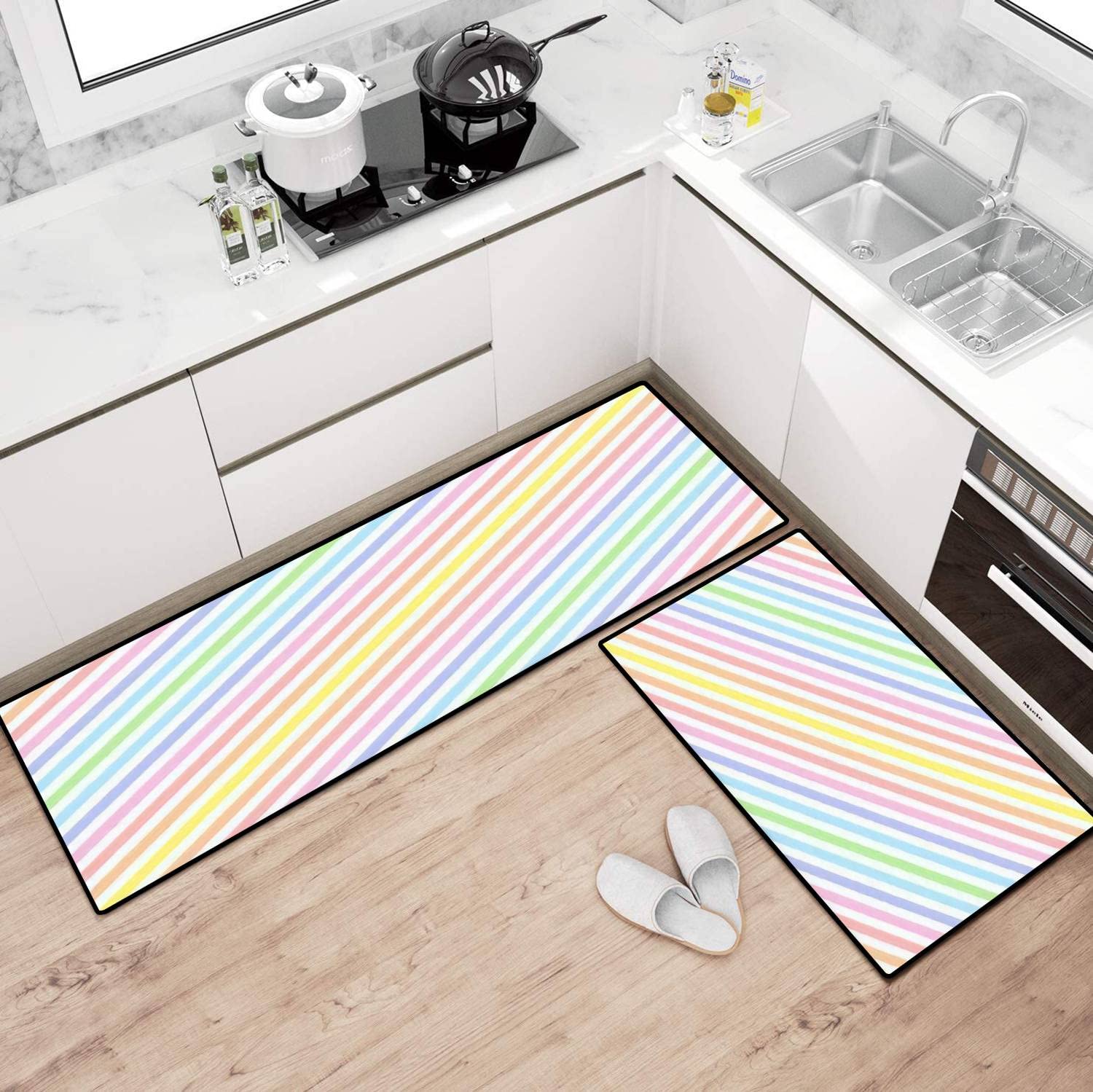 Non-Slip Washable Kitchen Rugs Set - Pastel Color Striped Floor Mats for Comfort Standing, Decor - Perfect for Kitchen, Bathroom & Entryway Runner