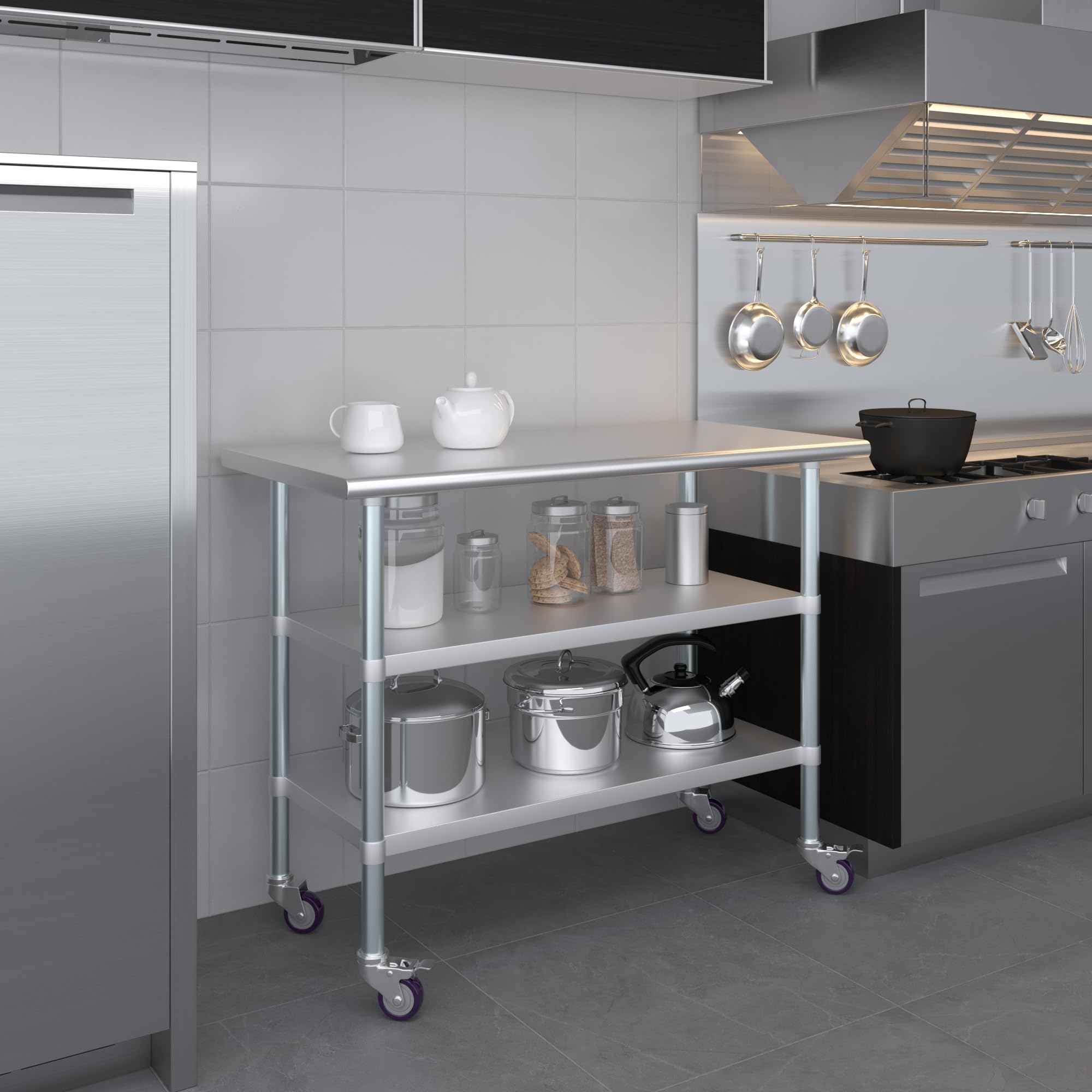 AmGood Stainless Steel Work Table with 2 Shelves & Wheels | Heavy Duty Metal Utility Table for Kitchen, Garage, Workshop (48