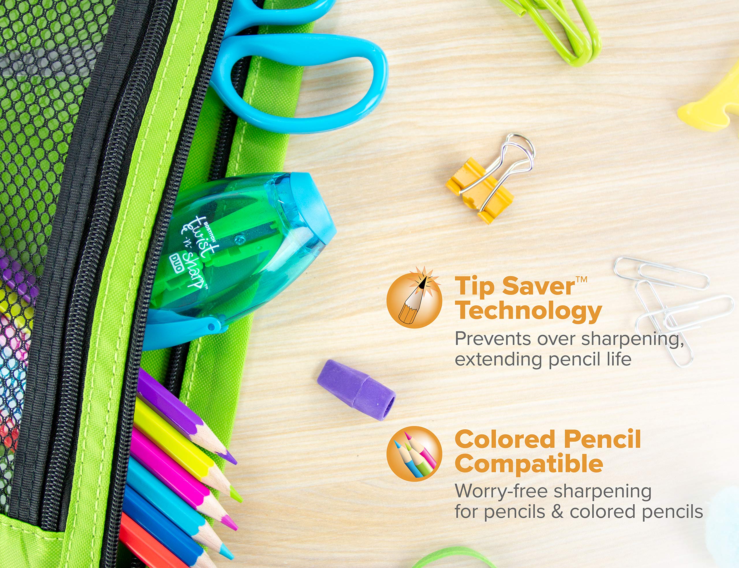 Bostitch Twist-N-Sharp Manual Pencil Sharpener - Dual Hole for Standard & Jumbo Pencils with Ratchet Technology - Random Color - Perfect for Office, School, and Art Projects