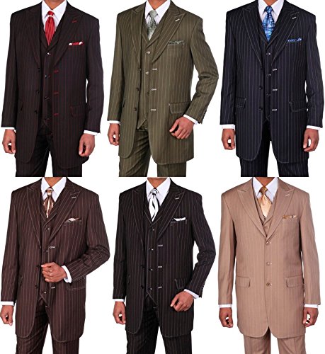 Fortino Landi Men's Pinstripe Suit with Vest 5903-BK-RD - Black & Red Striped Business Formal Attire for Weddings, Office & Special Events