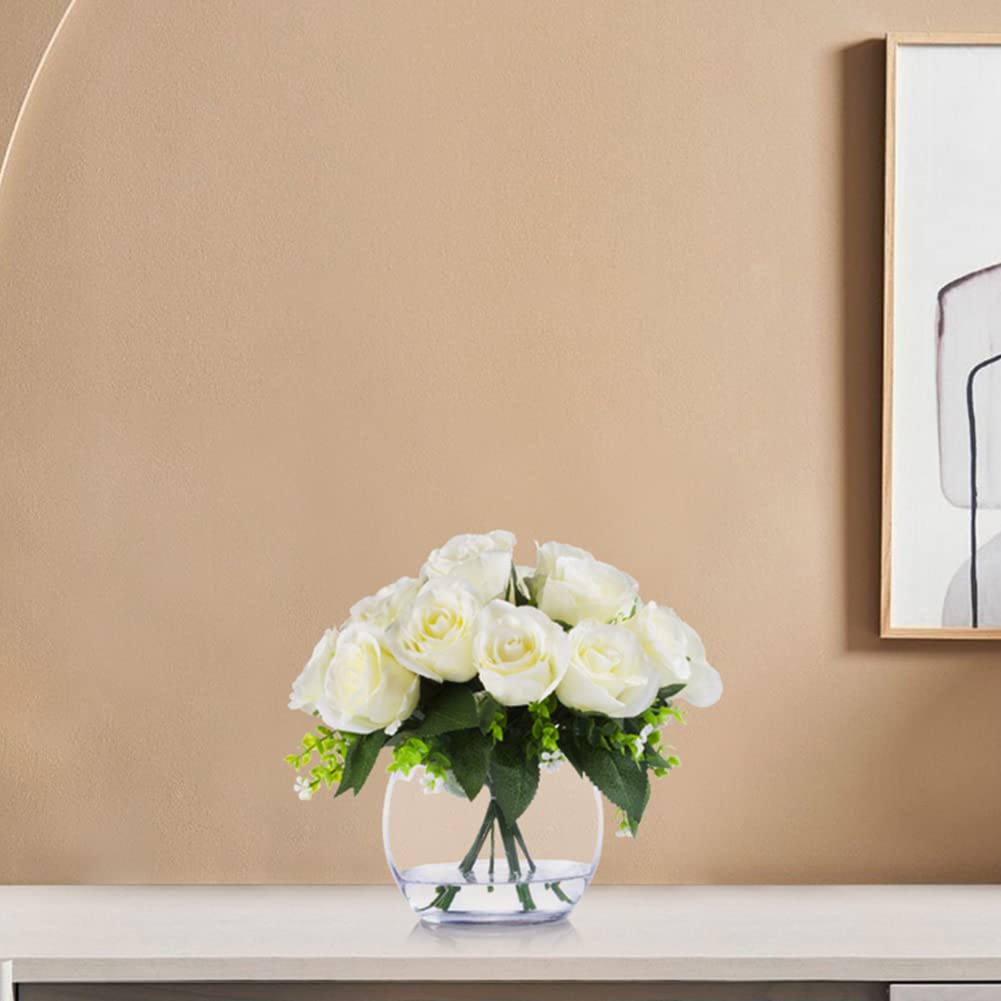 ENOVA FLORAL 18 Heads Silk Rose Artificial Flowers in Vase - Realistic Faux Rose Arrangement with Round Bowl Vase & Faux Water - Perfect for Dining Table Decor, Wedding Centerpieces, Home & Office Decoration (Cream)