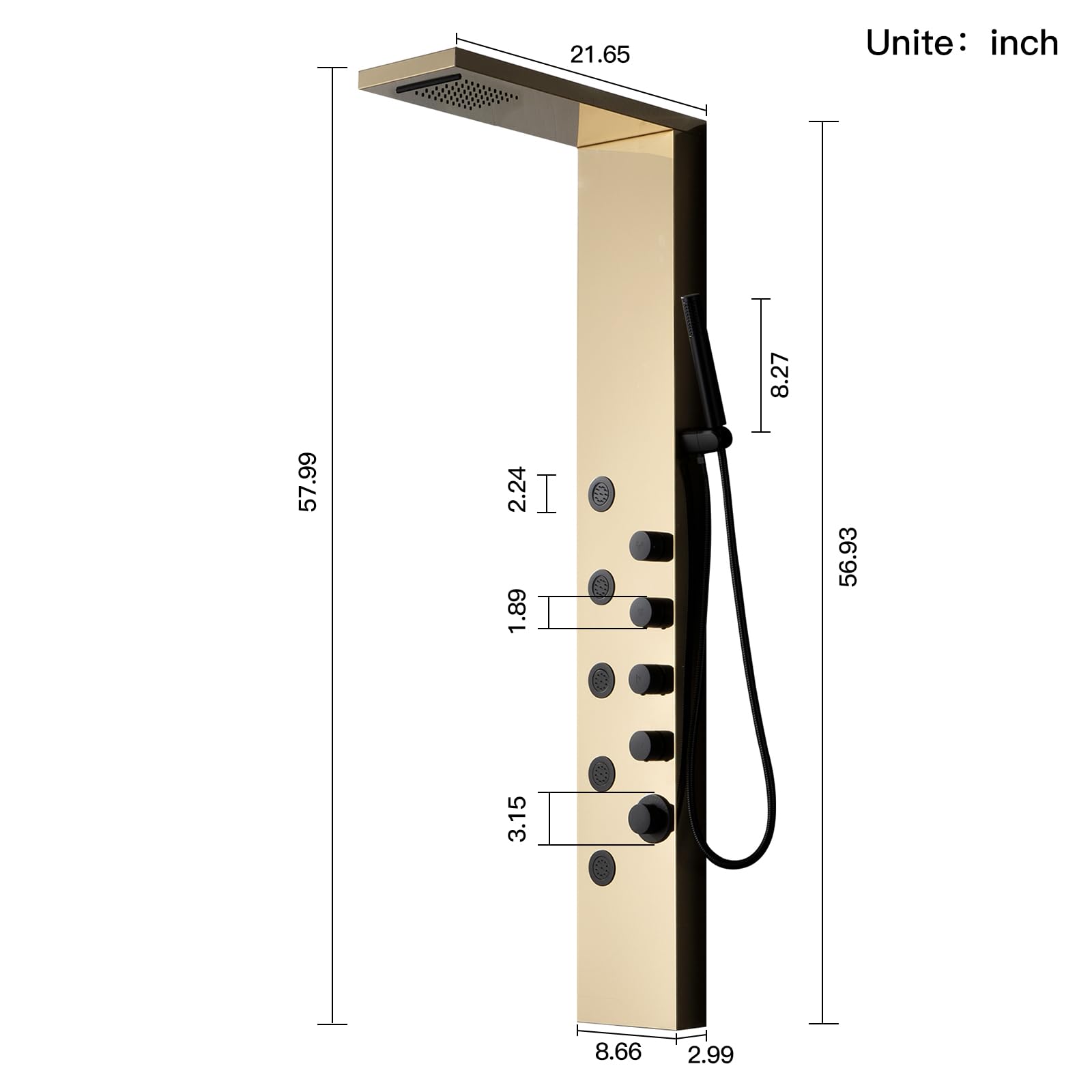 Premium Stainless Steel Rainfall Shower Panel Tower with 5 Adjustable Body Jets - Wall Mounted Waterfall Shower System in Polished Gold & Black - Perfect for Luxury Bathroom Spa Experience and Modern Home Renovation
