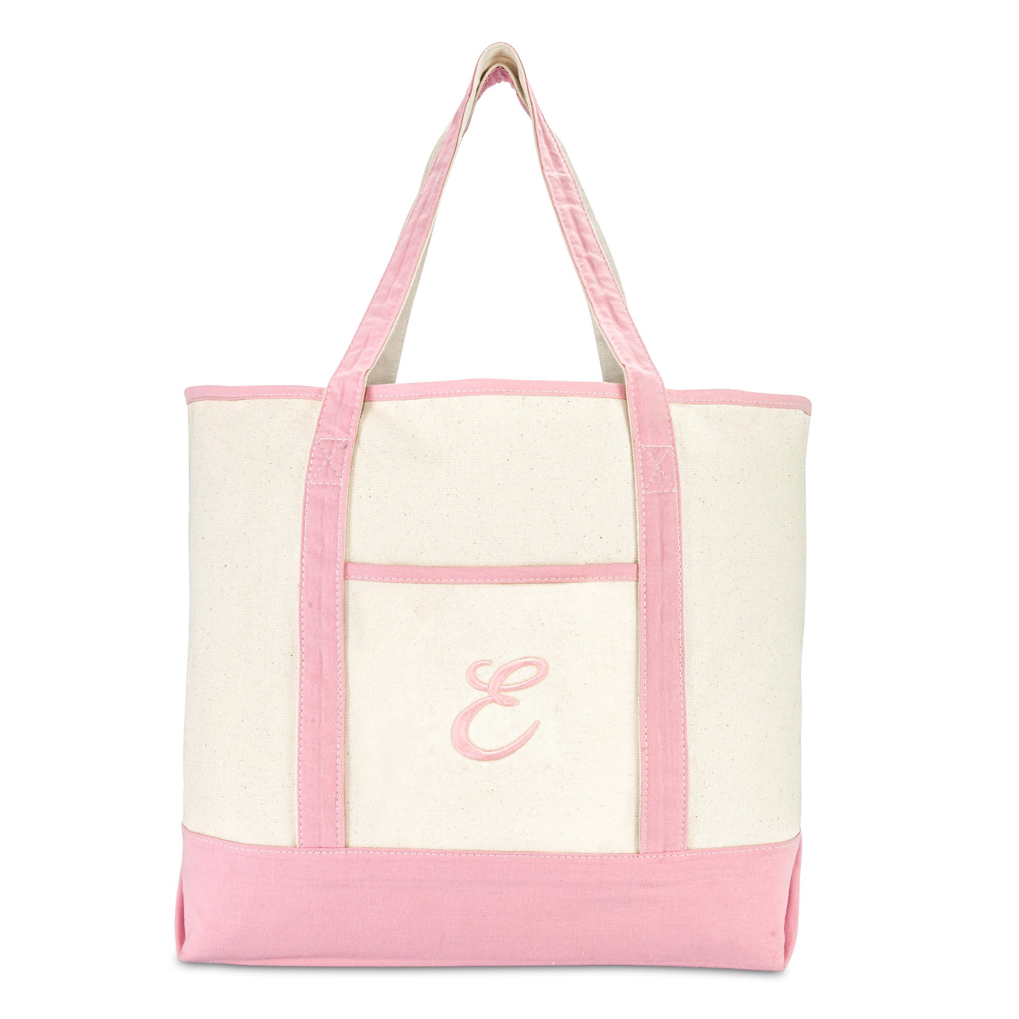 DALIX Women's Cotton Canvas Tote Bag - Large Pink Monogram Shoulder Bag with A-Z Letters (Perfect for Work, Travel, Shopping & Beach Day Essentials)