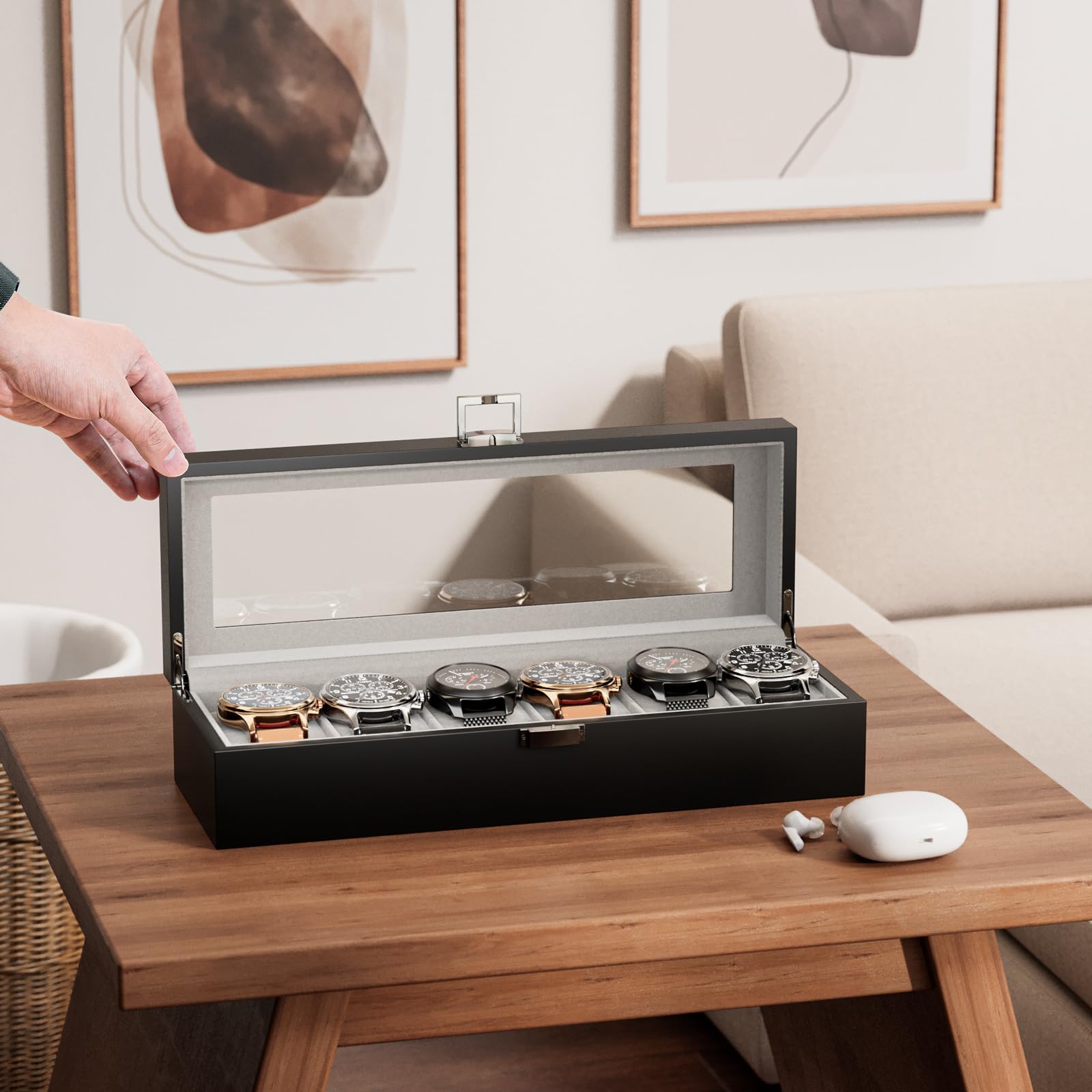 ProCase Wooden Watch Box for Men - 6 Slot Display Case with Glass Lid, Perfect for Father's Day Gifts & Watch Storage