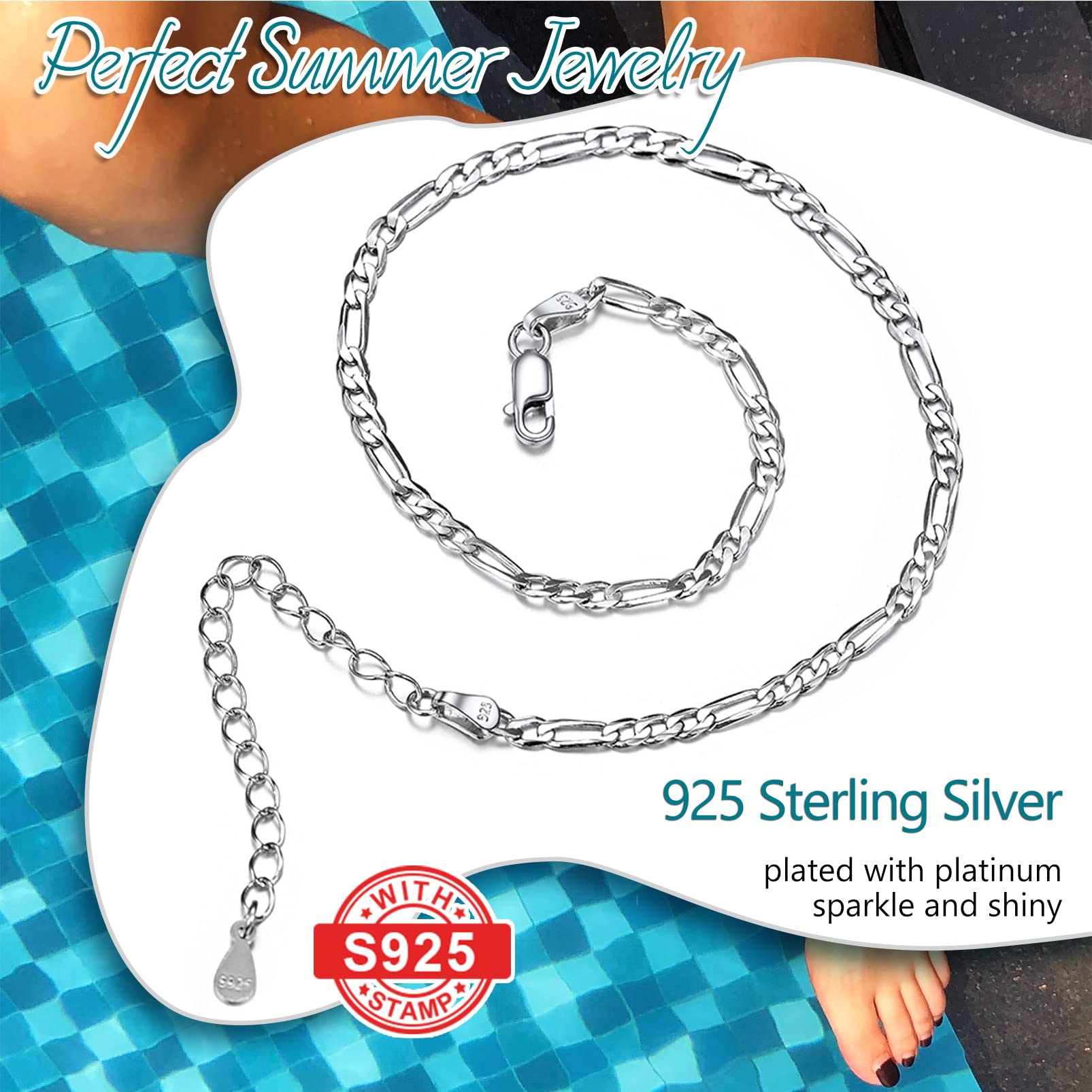 PROSILVER 925 Sterling Silver Ankle Bracelets for Women - Adjustable 8.6-10.6 Inch Stylish Chain Anklets - Perfect for Summer Beach, Vacation & Everyday Wear - Gift Box Included