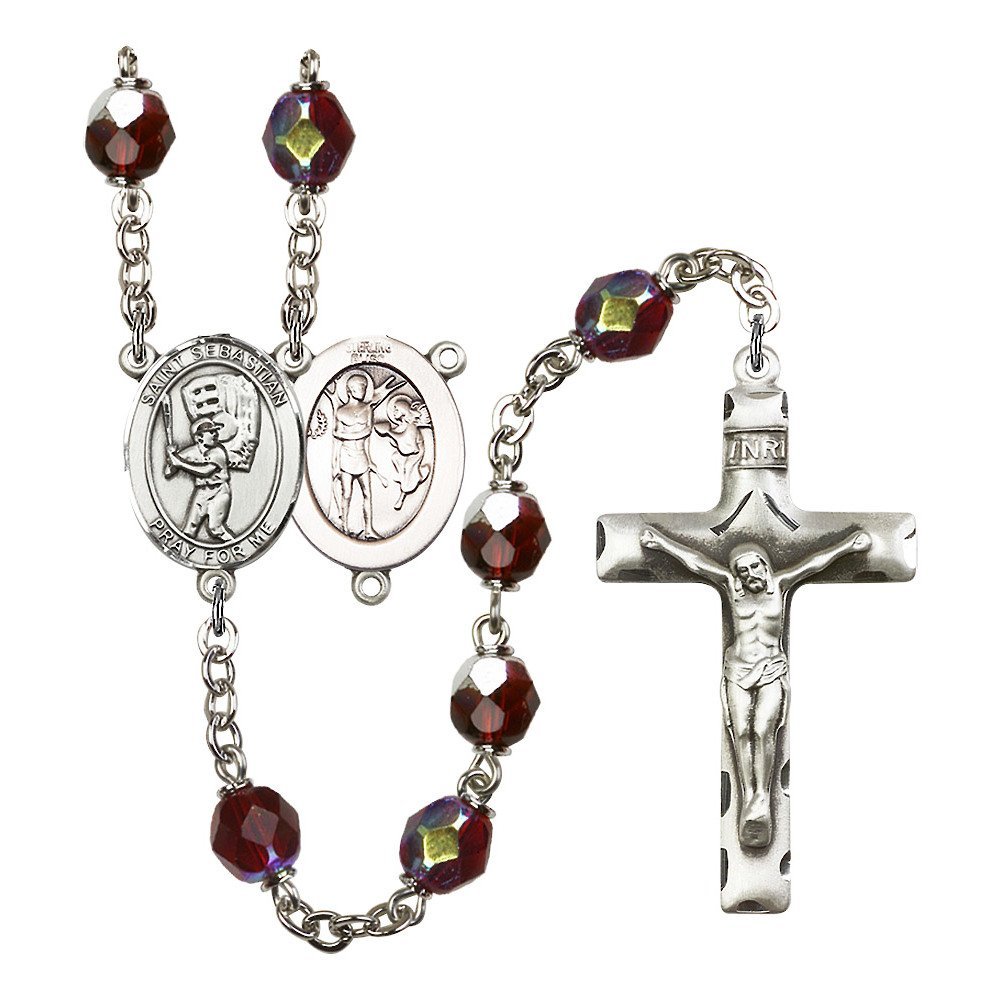 St. Sebastian Baseball Silver-Plated Rosary with 7mm Red Lock Link & Aurora Borealis Beads - 1 3/4 x 1 Inch Crucifix Medal - Perfect for Catholic Athletes, Sports Enthusiasts & Religious Gifts