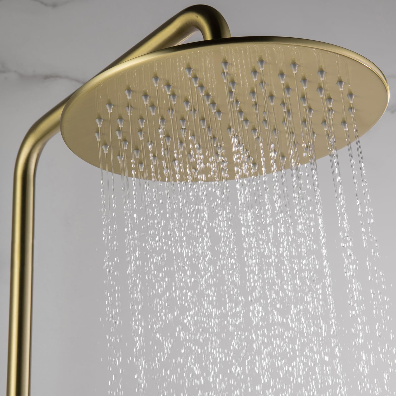 RBROHANT Brushed Gold Exposed Shower System with Tub Spout - 3-Function Wall Mounted Shower Fixtures with Brass Valve & Adjustable Height - Perfect for Modern Bathroom Renovations & Spa-Like Shower Experience (Model RB0880)