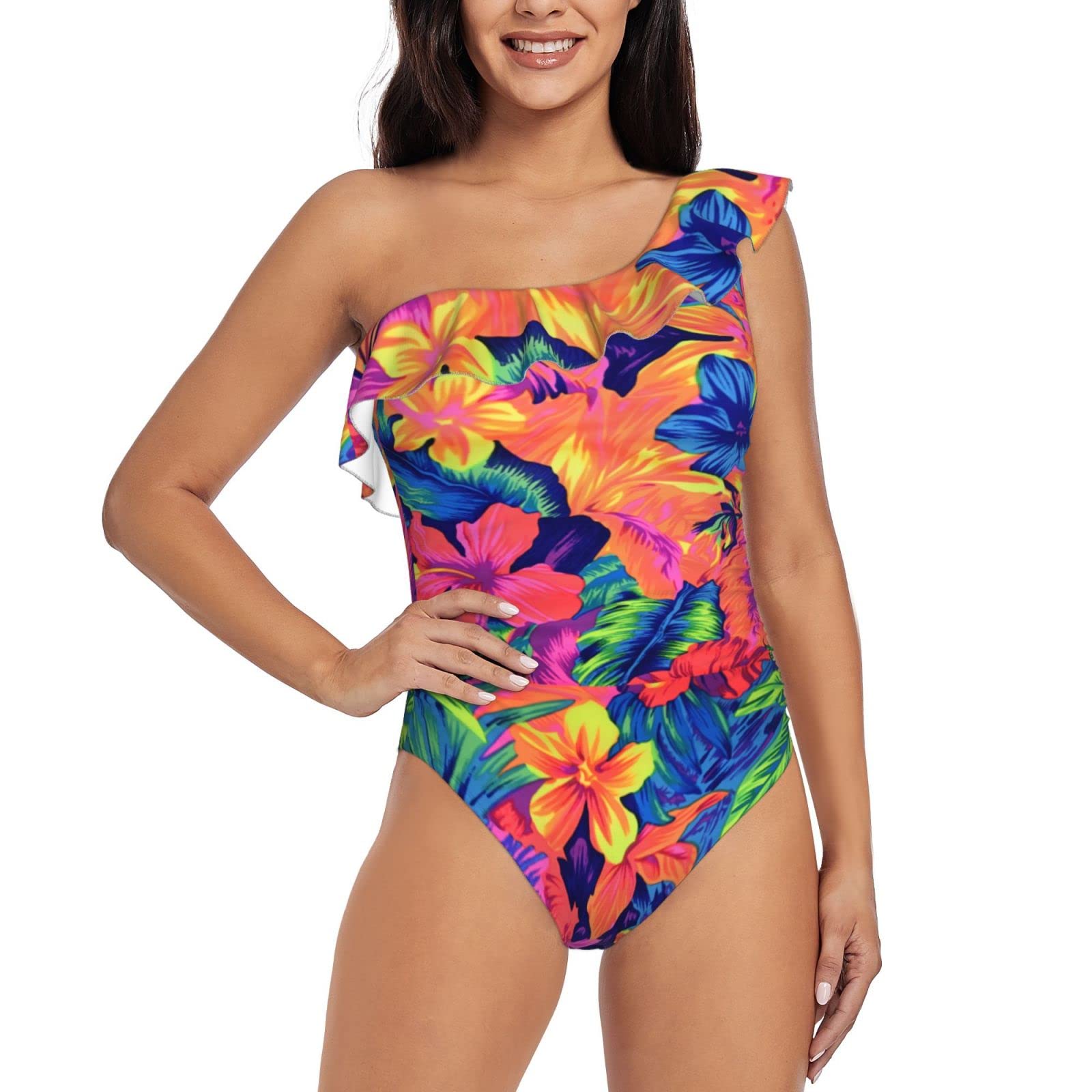 ISTYTOP Floral Print One Shoulder Ruffle Women's One Piece Swimsuit | Sexy Bathing Suit for Beach, Pool Party & Summer Vacation