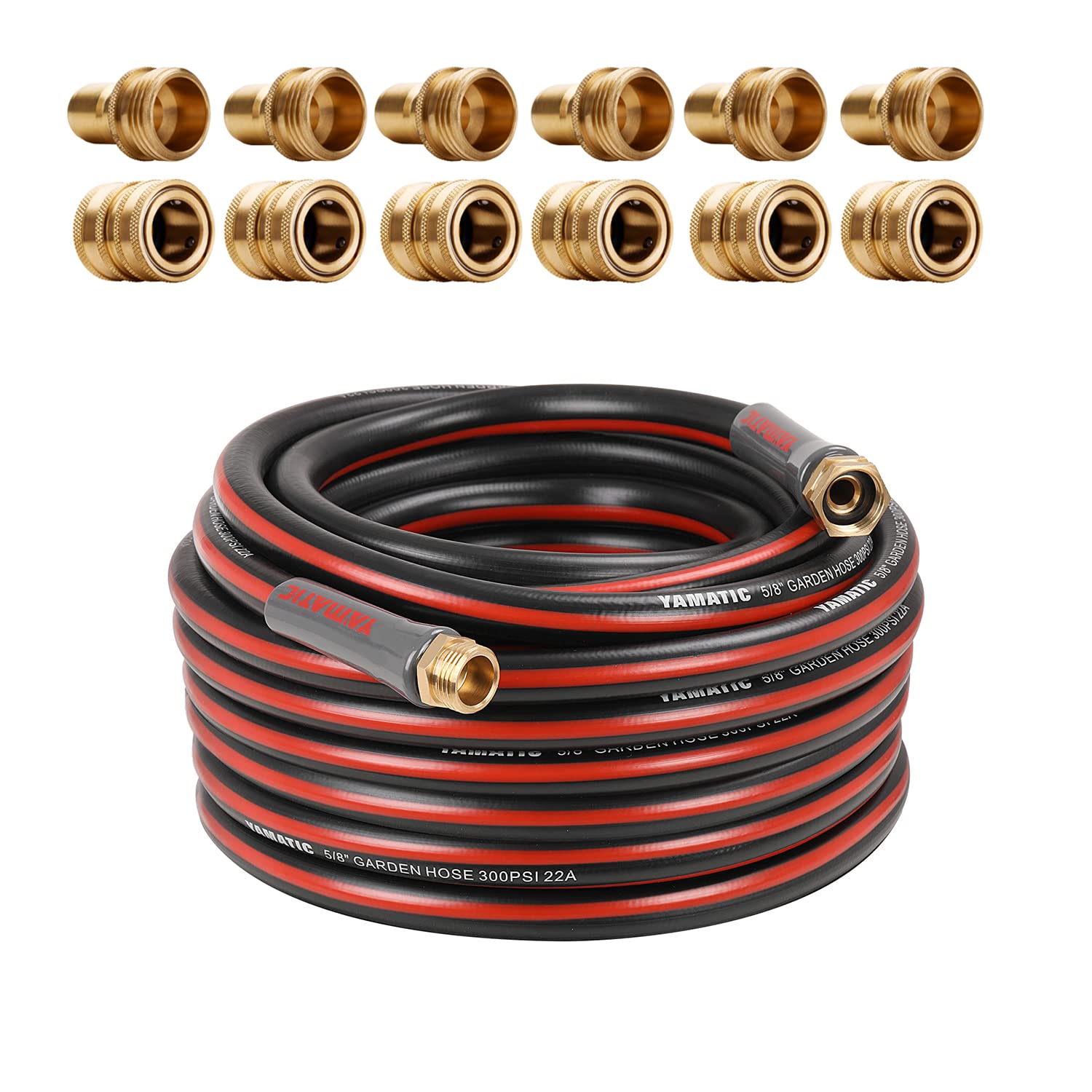 YAMATIC 5/8 Inch x 50 Feet Heavy Duty Garden Hose with Solid Brass Quick Connect Set - Durable Water Hose for Lawn Care, Car Washing & Outdoor Cleaning