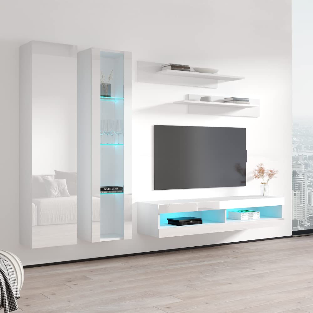 Modern White Wall-Mounted TV Stand with Storage Shelves & LED Lights - Floating Entertainment Center Console for Bedroom & Living Room - Perfect for Small Spaces & Home Theater Setup - Meble Furniture Fly A4 34TV Stand