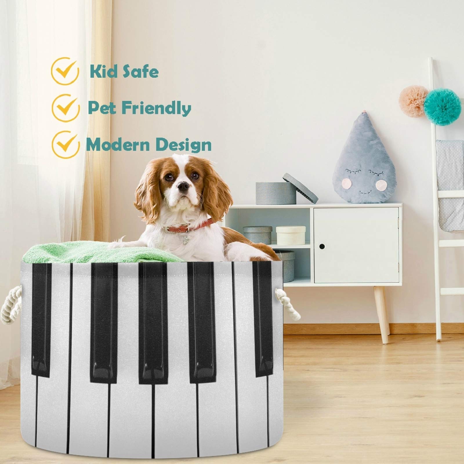 Visesunny Black and White Piano Key Collapsible Large Storage Basket with Cotton Handles - Foldable Organizer Bin for Bedroom, Closet, Office, Toys & Laundry - Perfect for Home Organization & Space Saving
