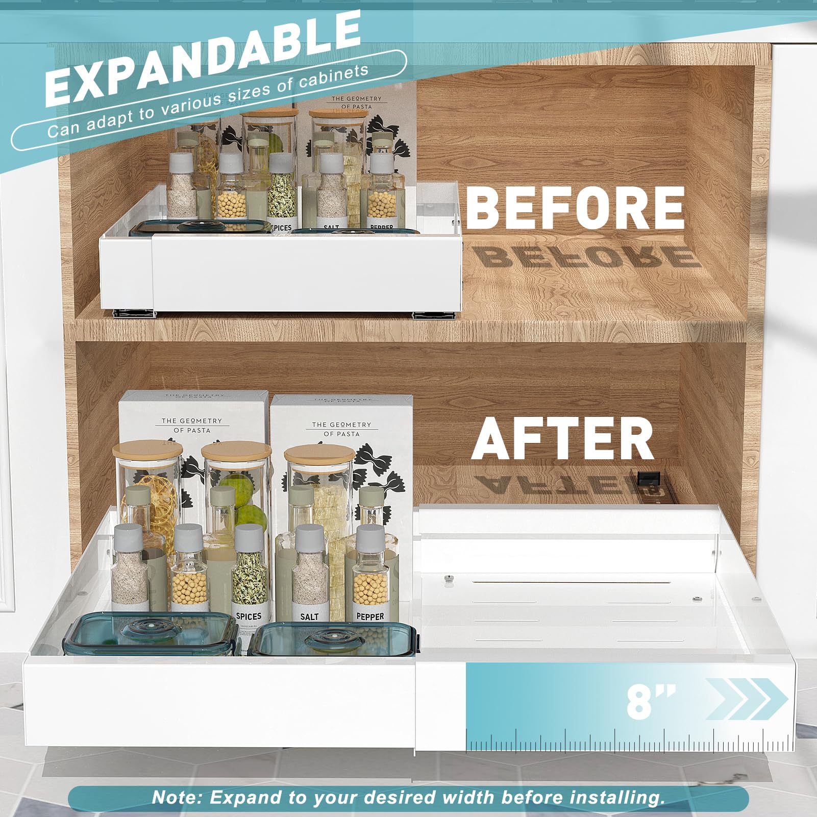 SPACEKEEPER Pull Out Cabinet Organizer - Extendable Slide Out Drawers with Adhesive Film | Heavy Duty Pantry Shelves for Kitchen, Bathroom & Closet Storage | White (1 Pack) | Perfect for Small Spaces & Home Organization