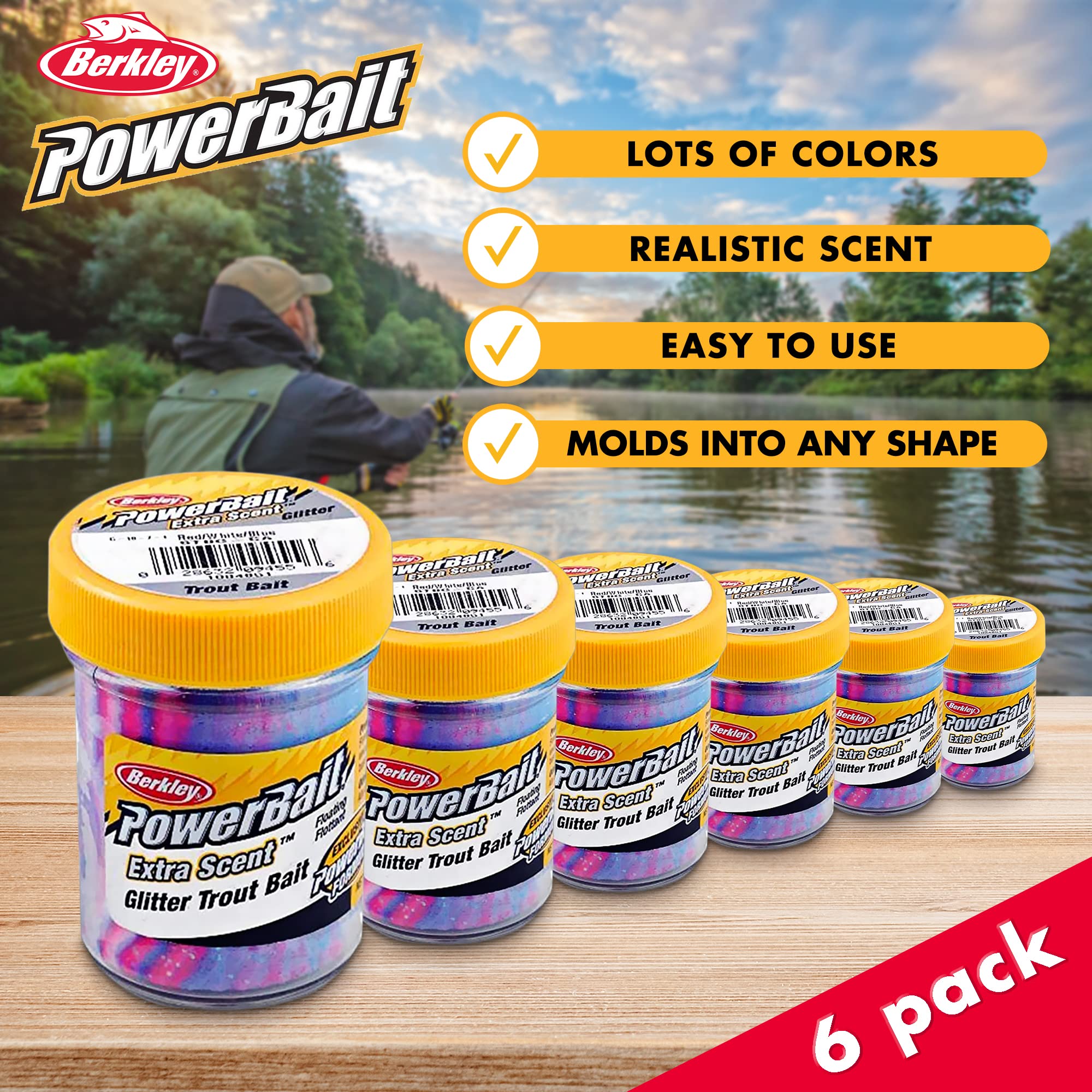 Lurwind Berkley PowerBait Captain America Glitter Trout Dough Bait Bundle - 6-Pack with Rigging Guide | Floating Trout Lure for Freshwater & Saltwater Fishing | Ideal for Trout, Bass, and Panfish | Perfect for Streams, Lakes, and Shoreline Fishing