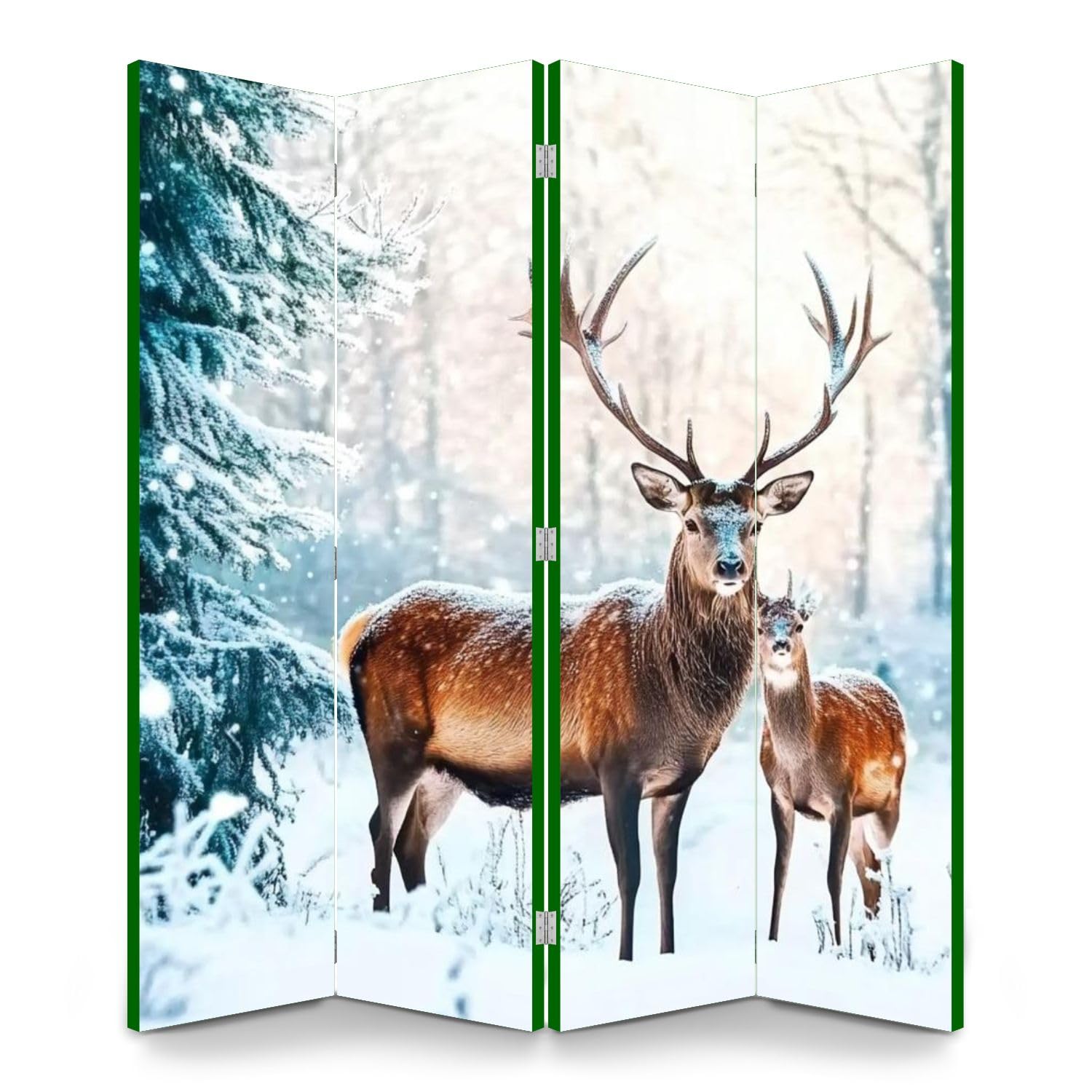 Wooden Room Divider with Deer & Snowy Winter Forest Design - 4-Panel Folding Privacy Screen for Home & Office - Christmas Decor, Dual-Sided Canvas Partition Wall for Indoor Spaces (Bedroom, Living Room, Studio)
