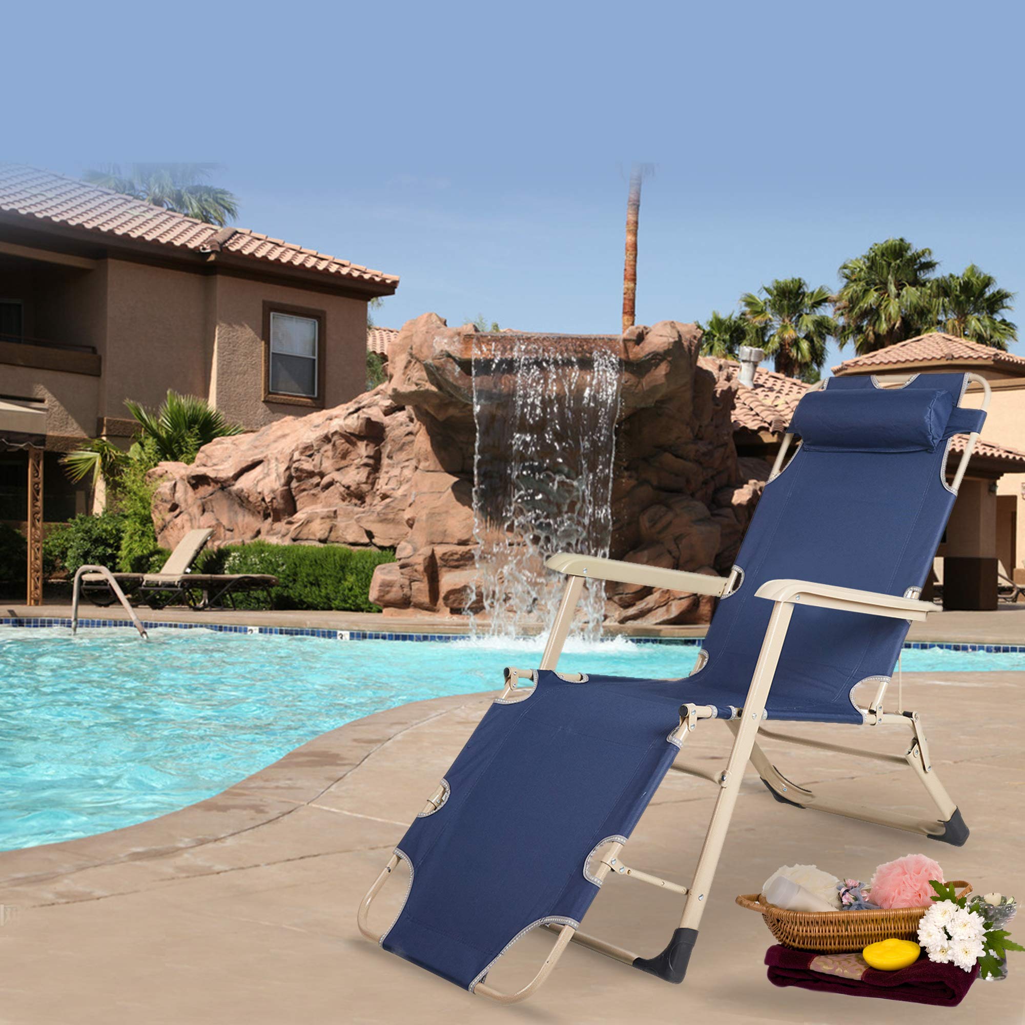 4-Piece Adjustable Folding Outdoor Chaise Lounge Chair Set with Pillows - Dark Blue Patio Furniture for Beach, Poolside, Backyard & Garden Relaxation