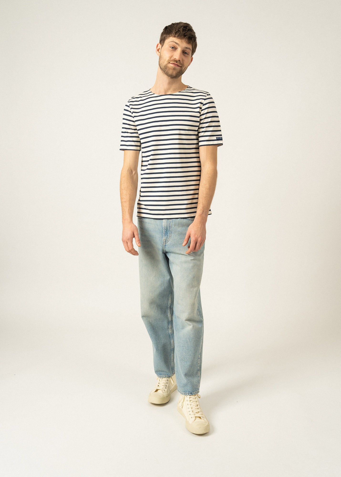 LEVANT MODERN Breton Stripe Short Sleeve Shirt for Men & Women | Soft 100% Cotton Comfort | Unisex Casual T-Shirt (ECRU/NAVY) | Perfect for Beach, Travel & Everyday Wear