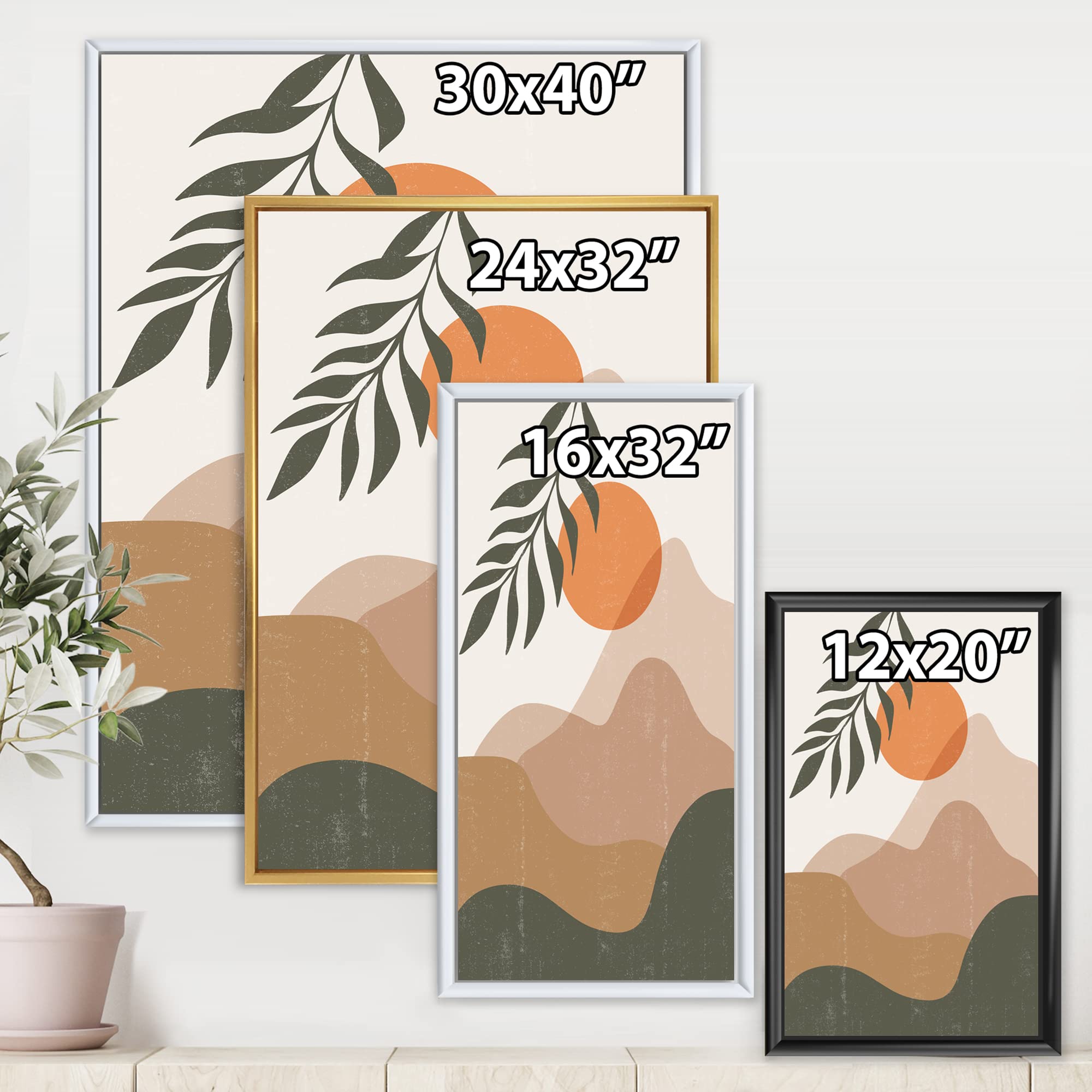 Abstract Red Moon in Earth Toned Mountains Framed Canvas Wall Art - Modern Home Decor for Living Room, Bedroom & Office