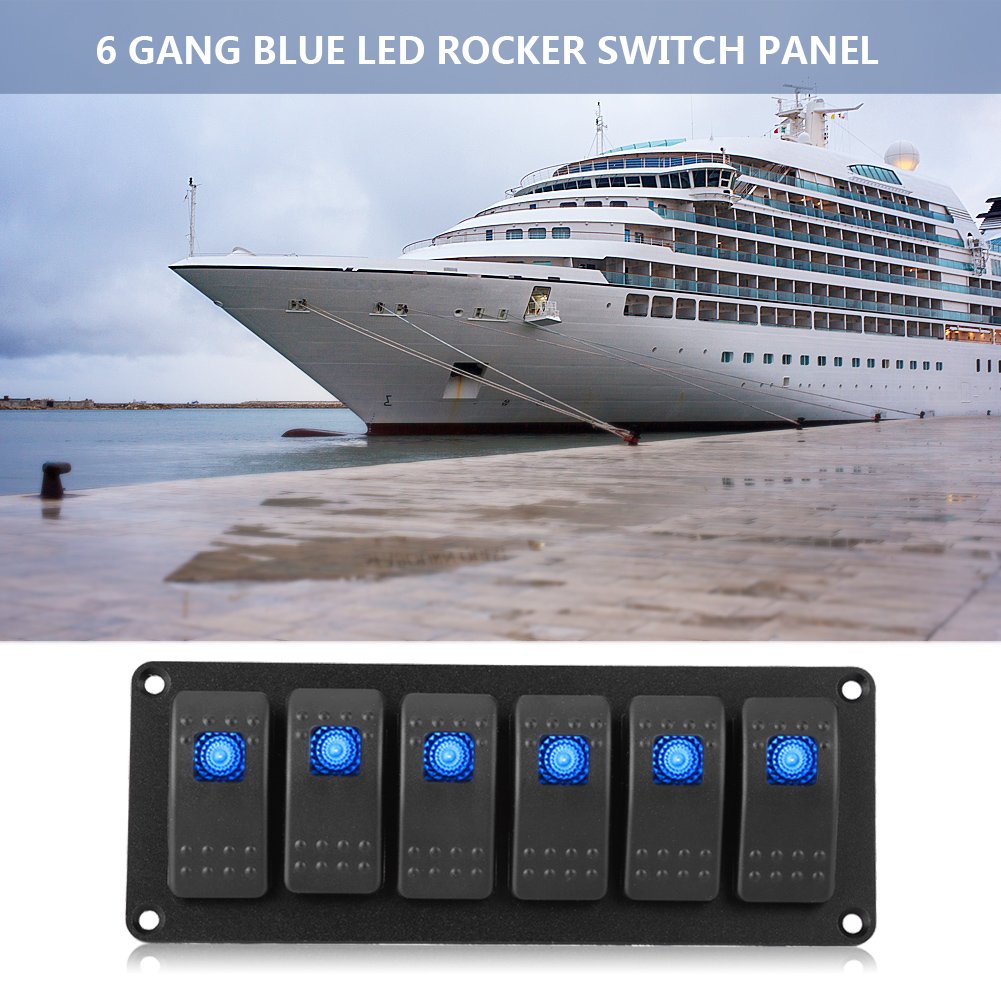 6 Gang Rocker Switch Panel with Decal Sticker Labels 12-24V - Waterproof Blue LED Toggle Control Panel for Car, Marine Boat, Trailer, RV, Truck - Perfect for Off-Roading, Camping & Vehicle Customization