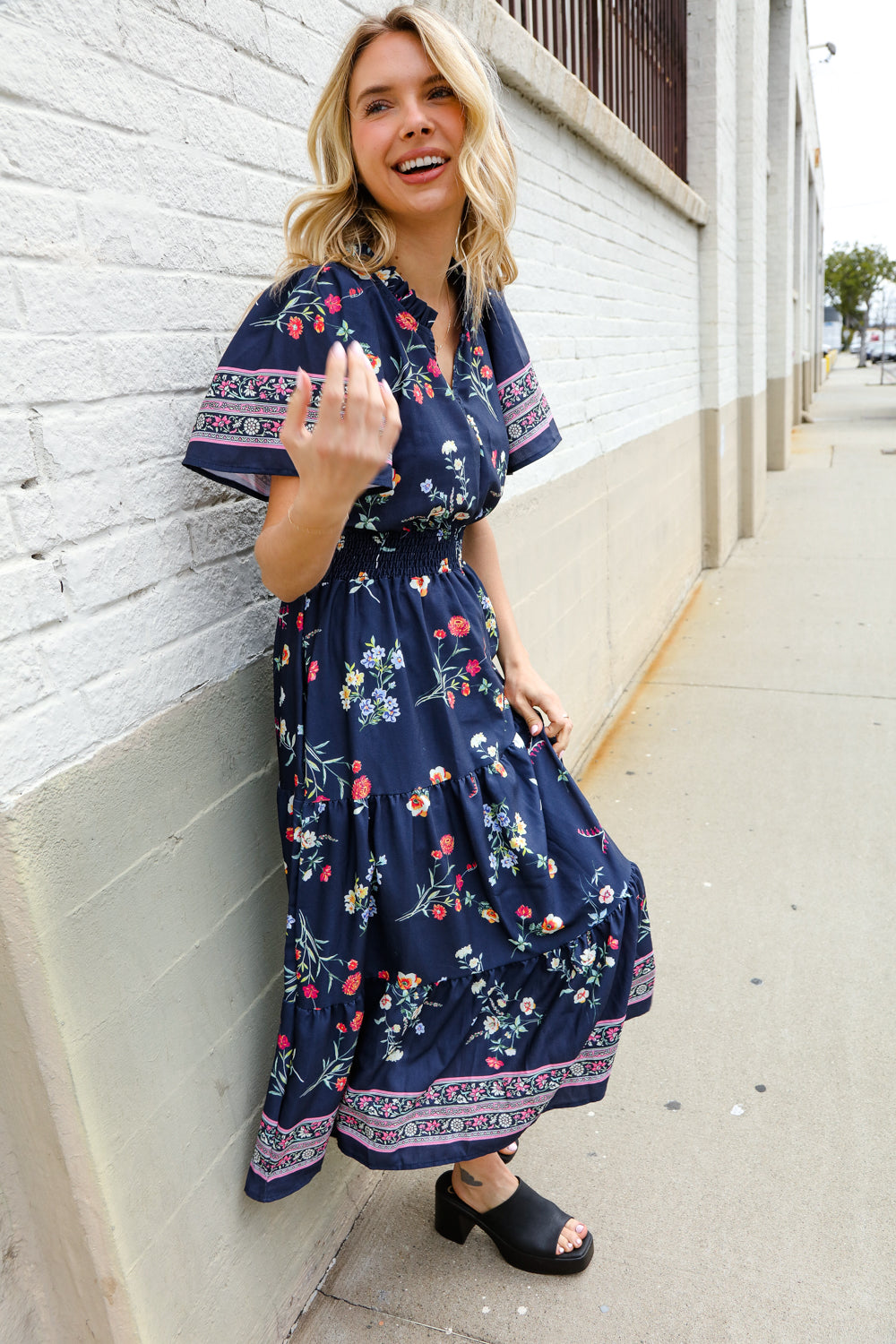 Boho Navy & Floral Print Tiered Maxi Dress - Notch Neckline, Flowy Beach Cover Up for Summer Vacations, Music Festivals and Casual Outings
