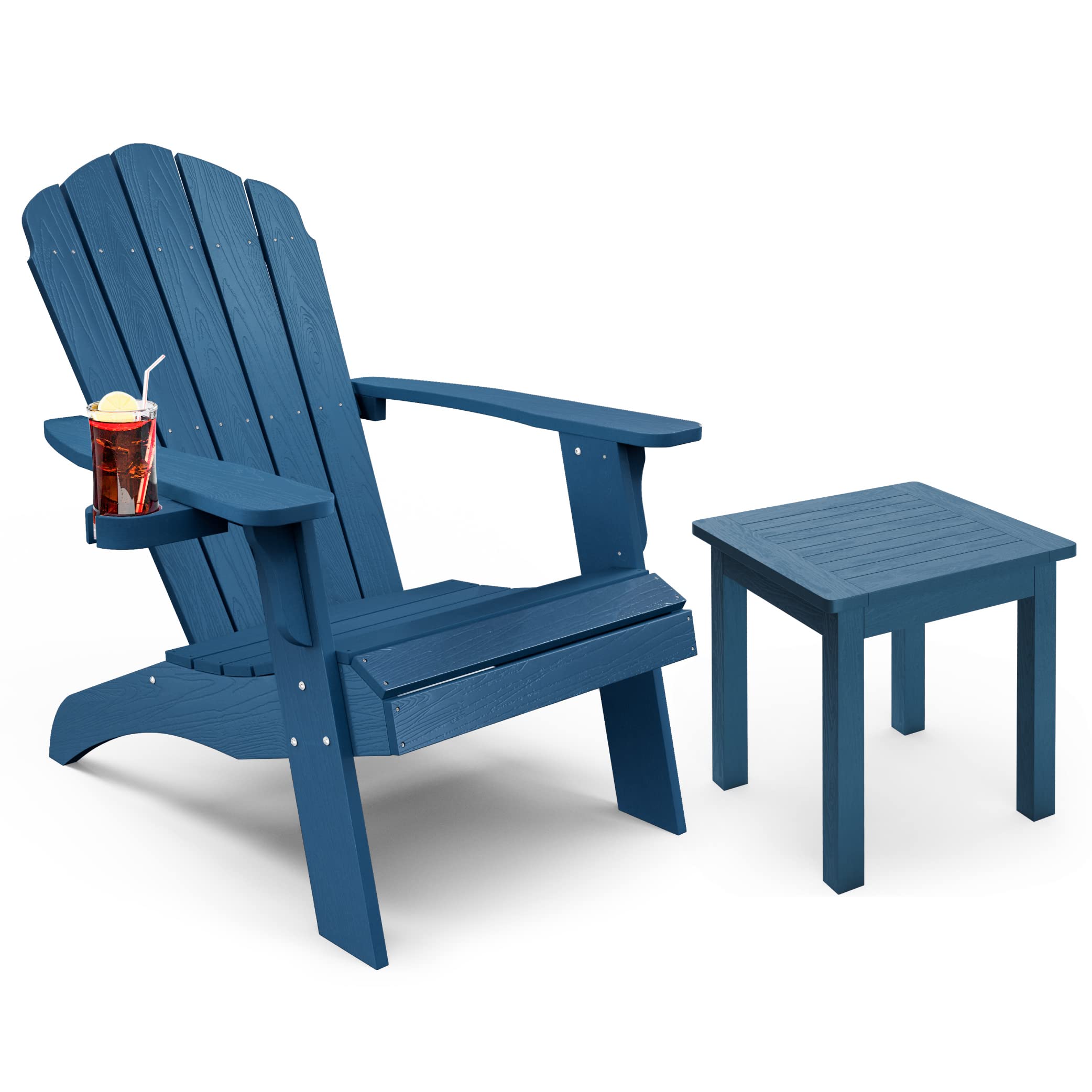 YEFU Oversized Plastic Adirondack Chair with Cup Holder - Large Dual-Purpose Outdoor Furniture Set (Navy Blue) + 18 Inch Plastic Side Table - Perfect for Patio, Garden, Poolside & Backyard Relaxation