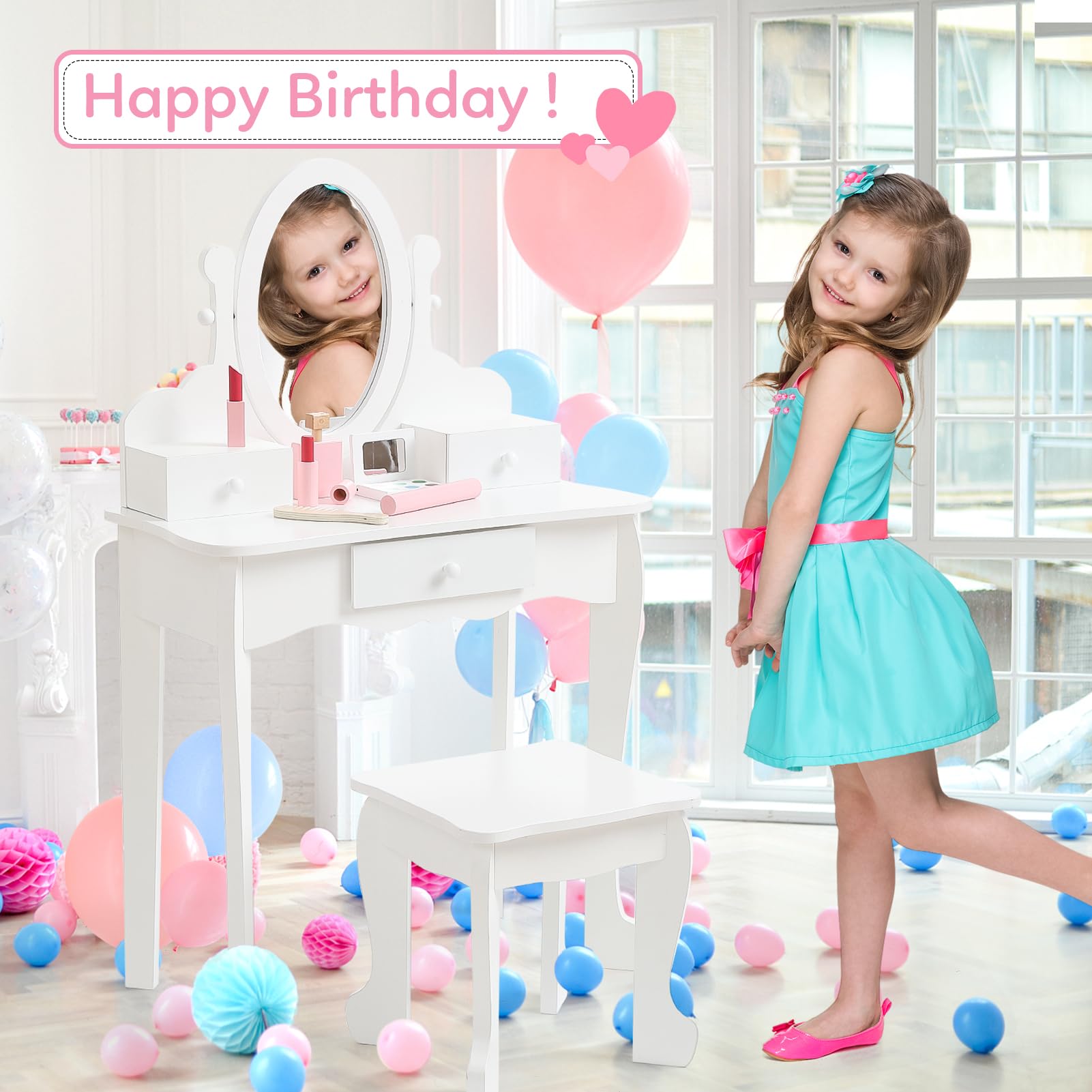 **White Wooden Kids Vanity Set with Mirror, Makeup Table & Stool - Princess Dress-Up Play Set for Girls Ages 4-9 - Perfect for Birthday Gifts, Pretend Play & Bedroom Decor**