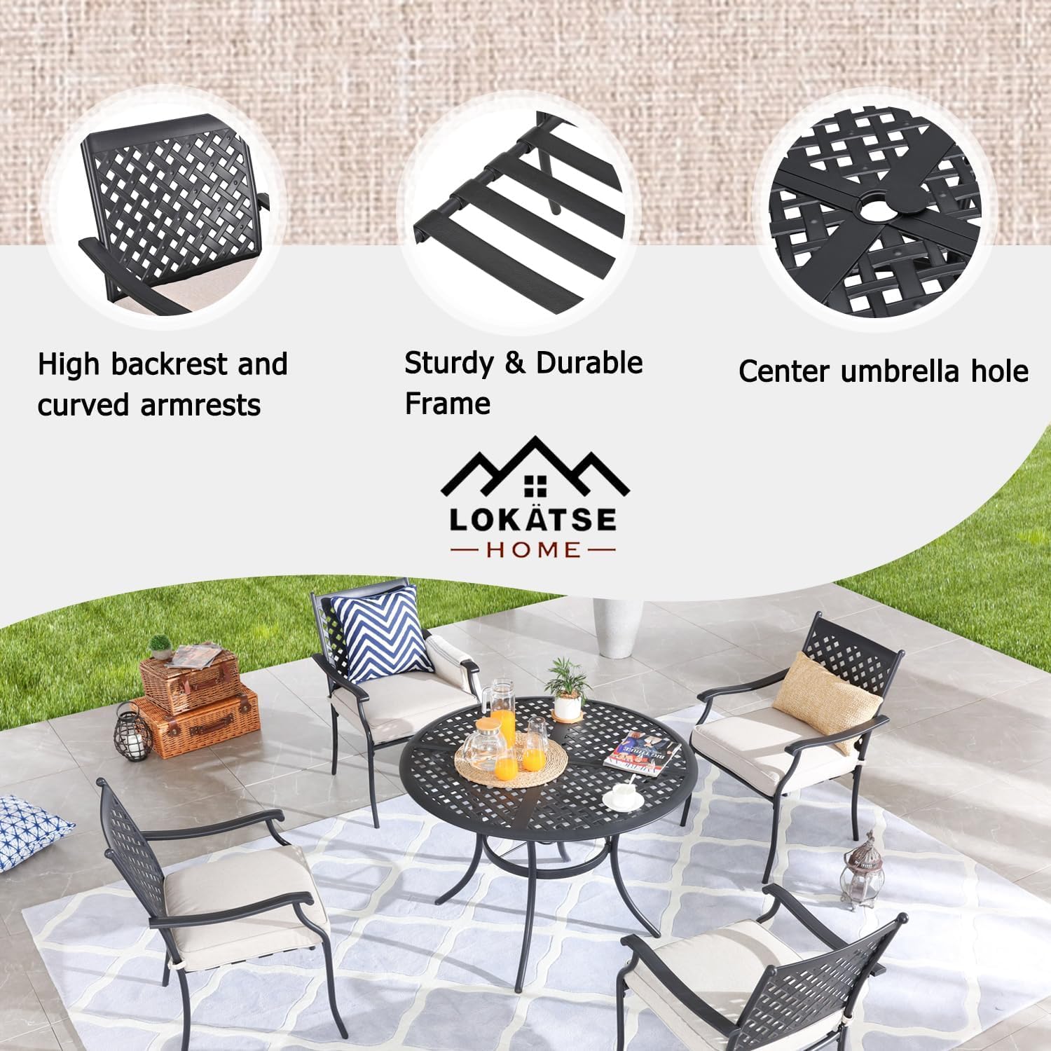 LOKATSE HOME 5-Piece Outdoor Patio Dining Set - White Metal Table & 4 Iron Arm Chairs with Cushions & Umbrella Hole | Perfect for Backyard, Garden, Poolside & BBQ Gatherings