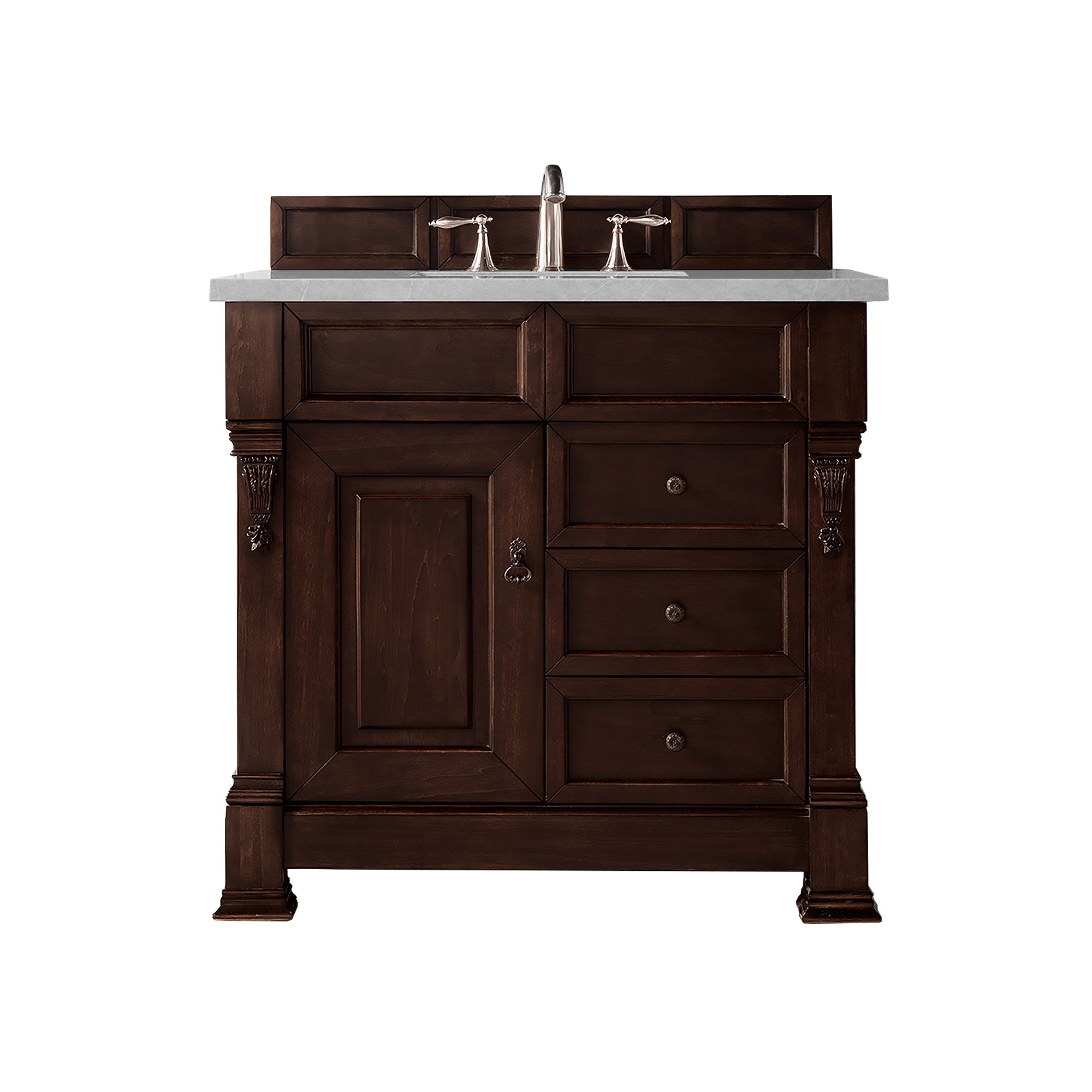 Brookfield 36 Inch Single Bathroom Vanity with Burnished Mahogany Base & 3CM Eternal Serena Quartz Countertop - Perfect for Modern Master Bathrooms and Guest Bathroom Renovations