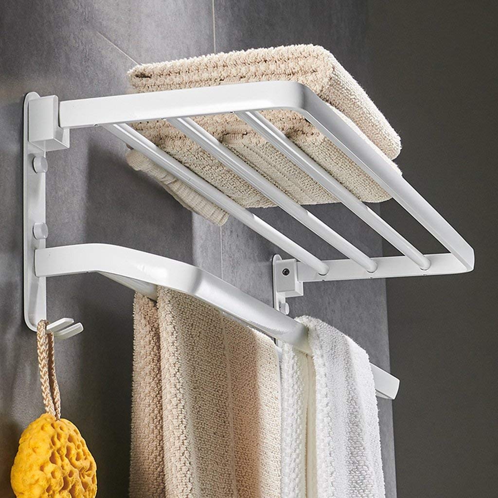 Heavy-Duty Aluminum Folding Shower Shelf - Modern Rectangular Bathroom Towel Rack with Hooks (23.6