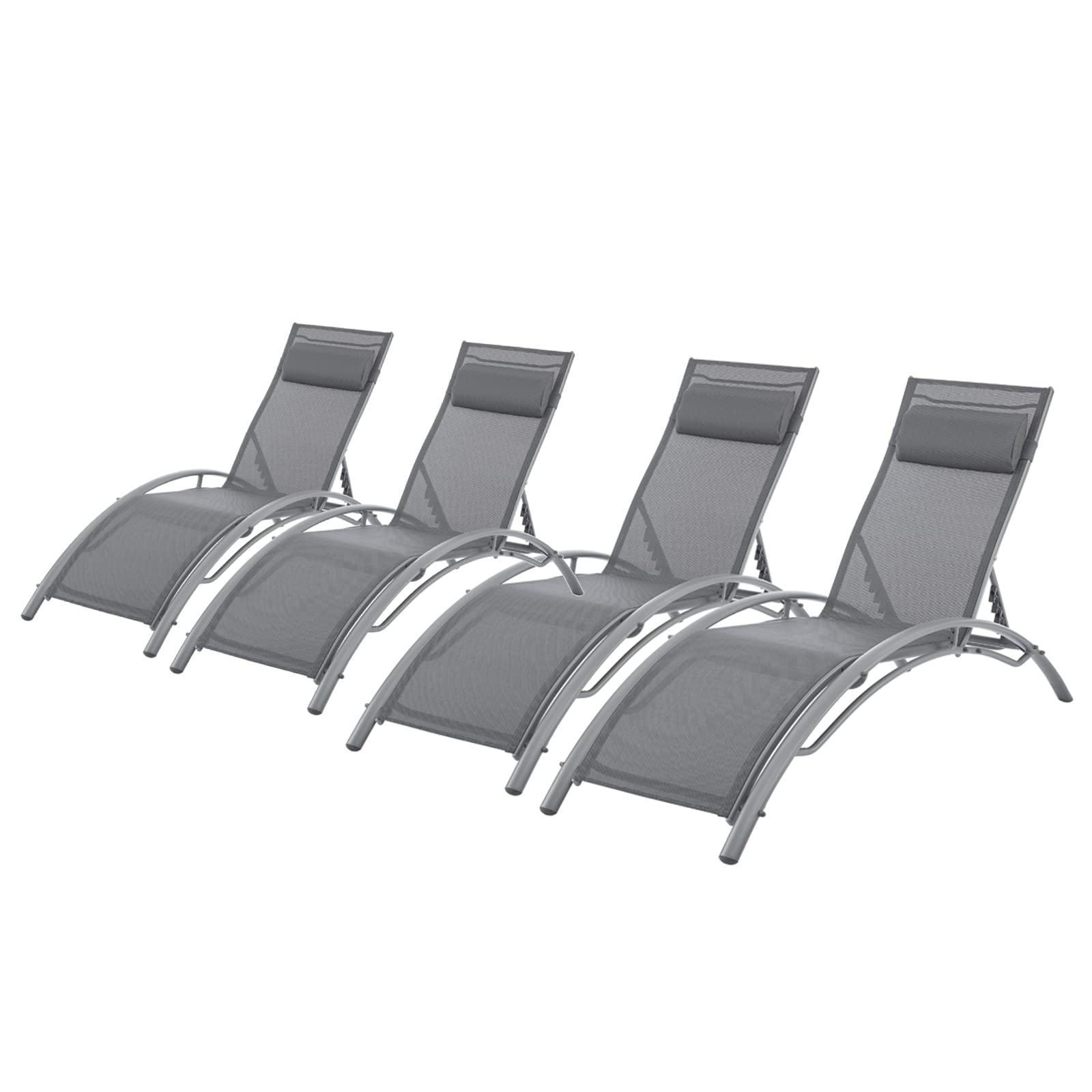 4-Piece Adjustable Reclining Lounge Chairs Set with Pillows - All-Weather Outdoor Patio Furniture for Poolside, Beach, Backyard & Tanning (Gray) - Perfect for Relaxing, Sunbathing & Lounging