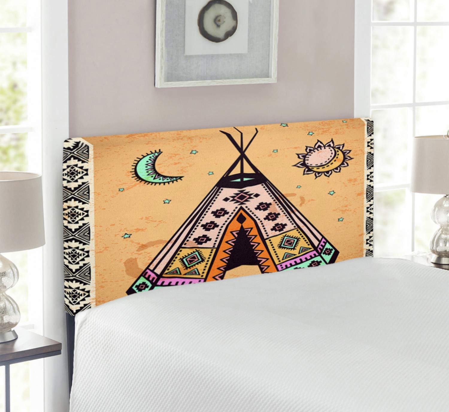 Ambesonne Bohemian Tribal Headboard - Twin Size Upholstered Metal Bed Frame with Memory Foam in Pale Coffee Brown | Unique Cultural Design for Bedroom Decor | Perfect for Bohemian, Eclectic or Global Inspired Home Interiors
