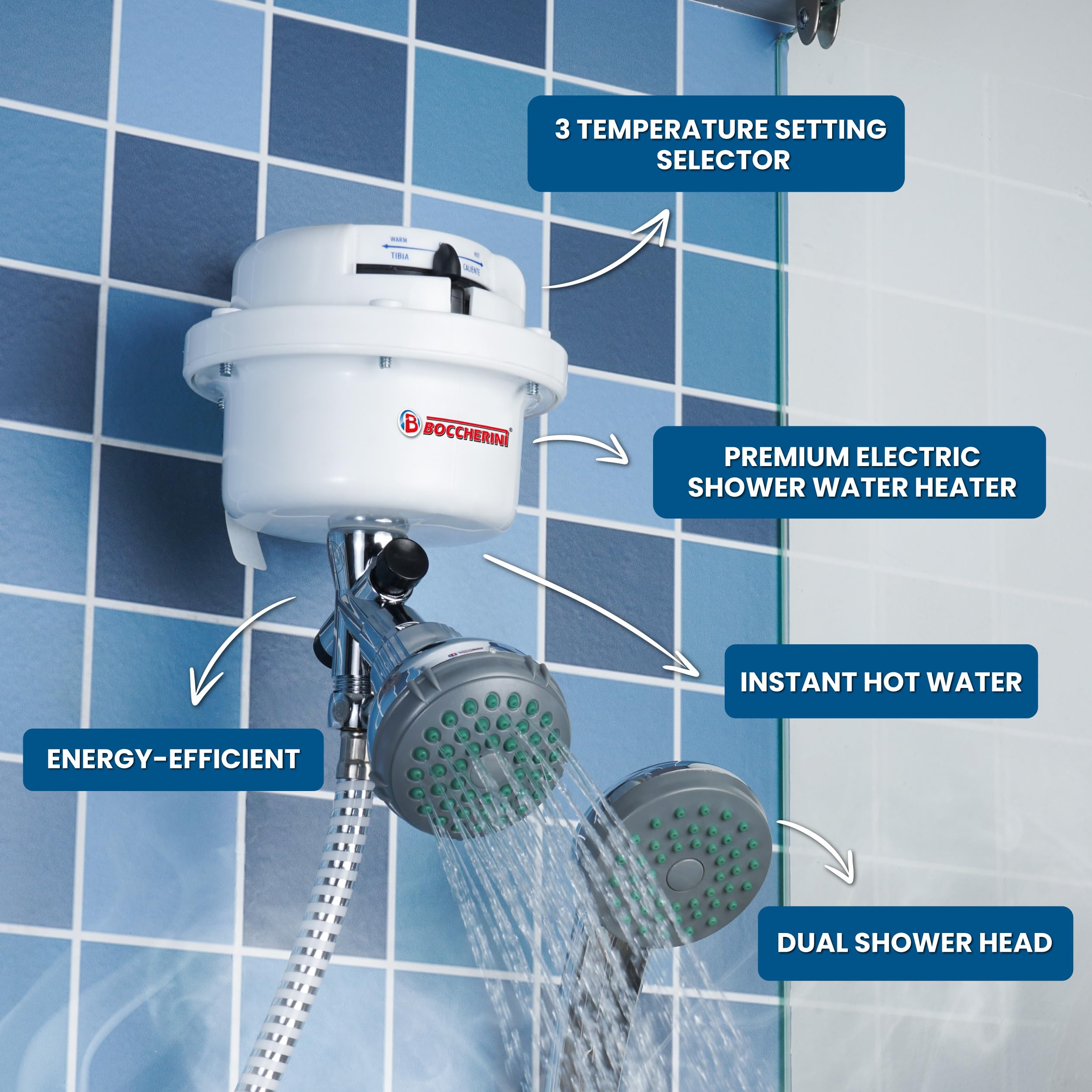 BOCCHERINI 220V/240V Electric Shower Water Heater with 3 Temperature Settings - Instant Hot Water for Bathroom Shower, Perfect for Homes, Apartments & RVs