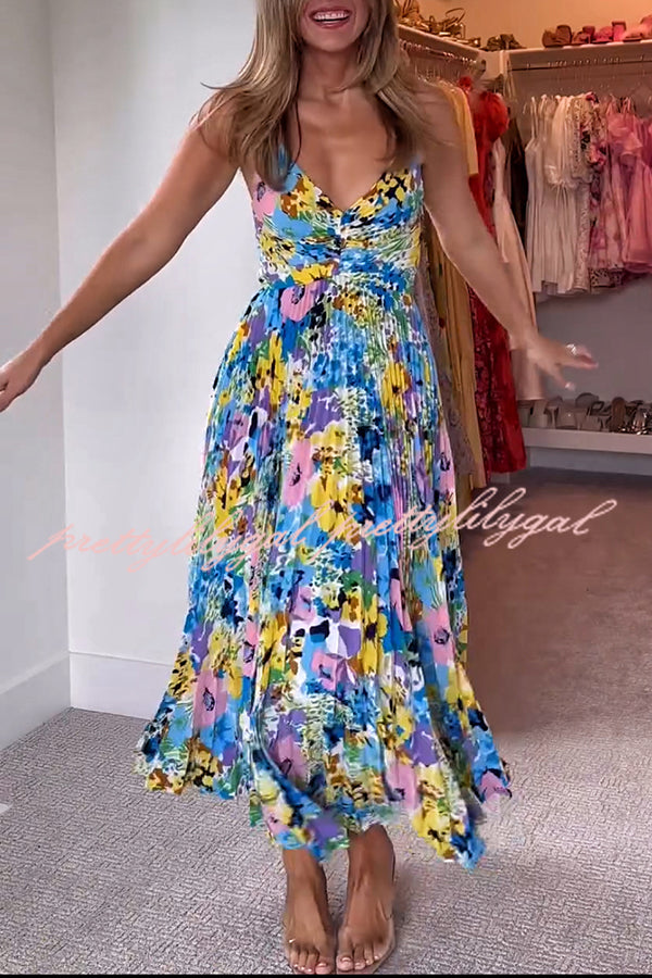 Floral Print Pleated Midi Dress with Back Tie Detail - Perfect for Wedding Parties, Bridal Showers & Summer Events