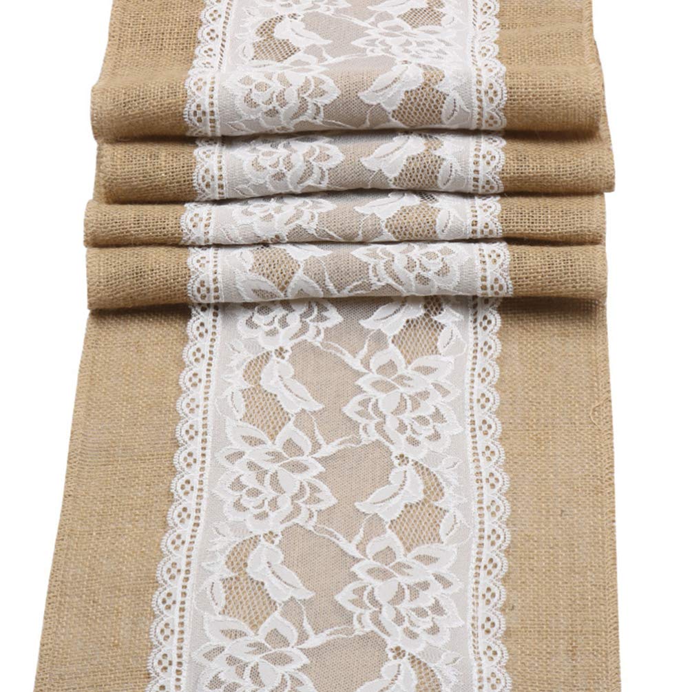 Amosfun 1pc Natural Jute Lace Table Runner for Christmas, Wedding, Home Decor - Macrame Linen Tablecloth & Table Flag - Perfect for Dining Tables, Buffets, and Party Decorations