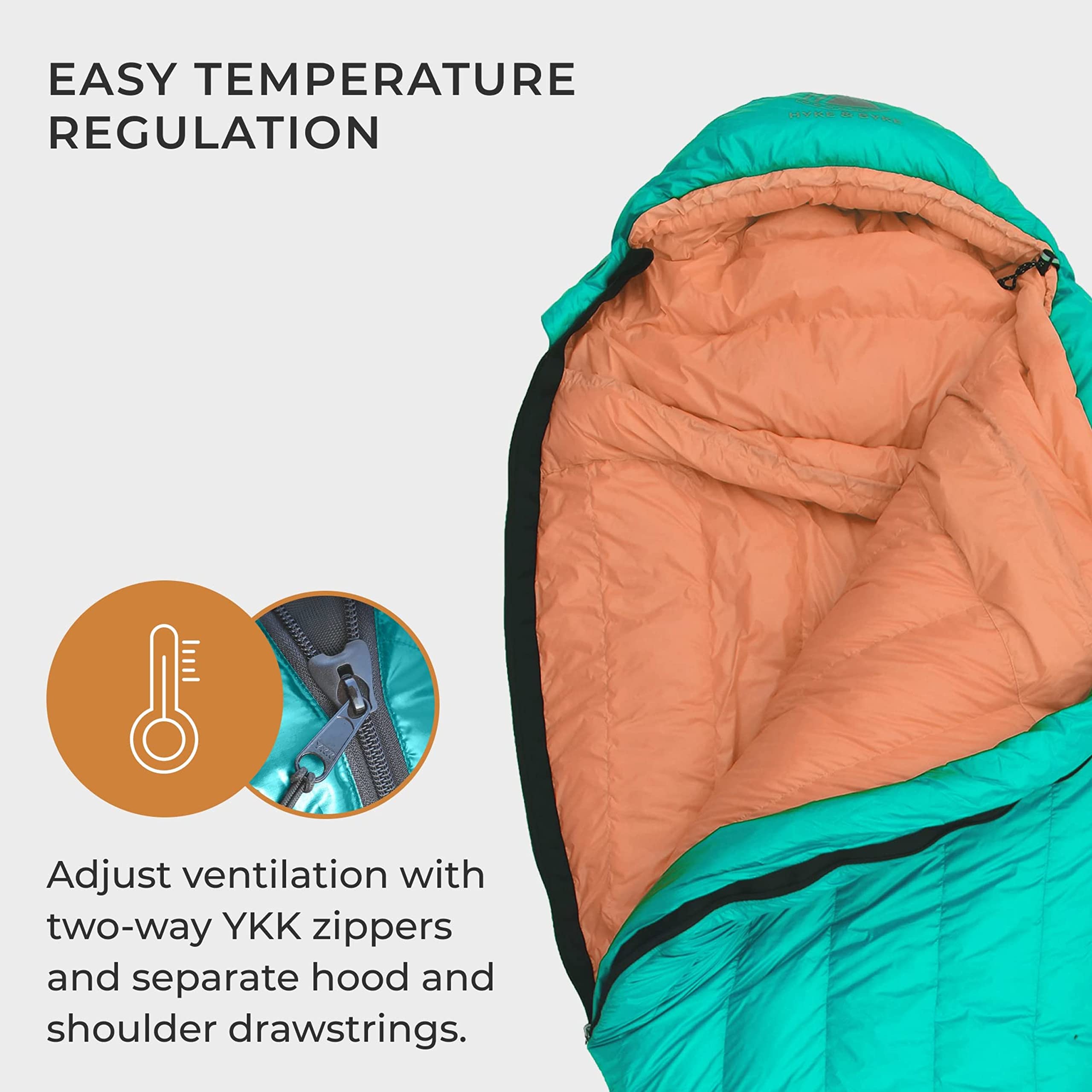 Hyke & Byke Eolus 15°F 3-Season Ultralight 800FP Goose Down Sleeping Bag for Hiking & Backpacking - Black/Clementine - 78in Regular - Perfect for Camping, Backpacking & Outdoor Adventures