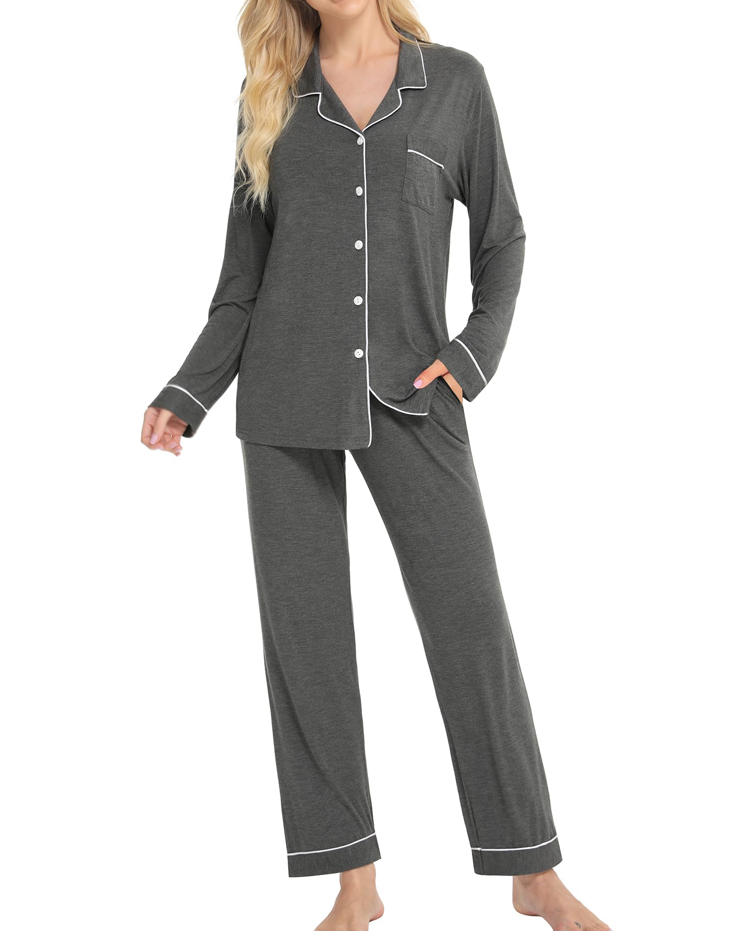 SWOMOG Women's Long Sleeve Pajama Set - Soft Cotton Button Down Sleepwear & Lounge Pjs for Nighttime Comfort, Relaxing at Home or Gift Giving