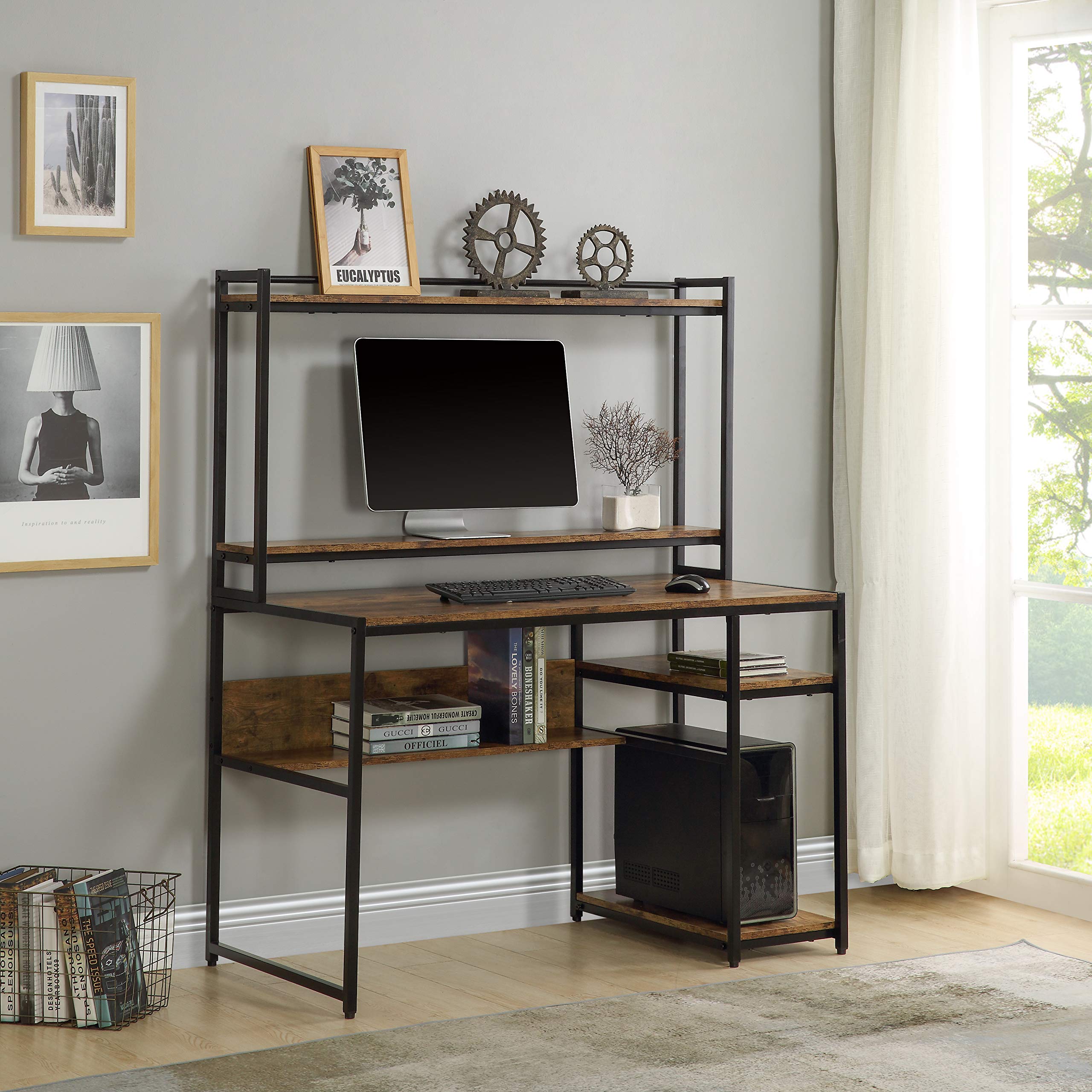 AOBOLAN Modern Home Office Computer Desk with 2-Tier Bookshelf & Open Storage Shelf | Removable Monitor Riser | Brown Wooden Study Desk for Small Spaces | Perfect for Remote Work, Online Classes & Home Office Setup