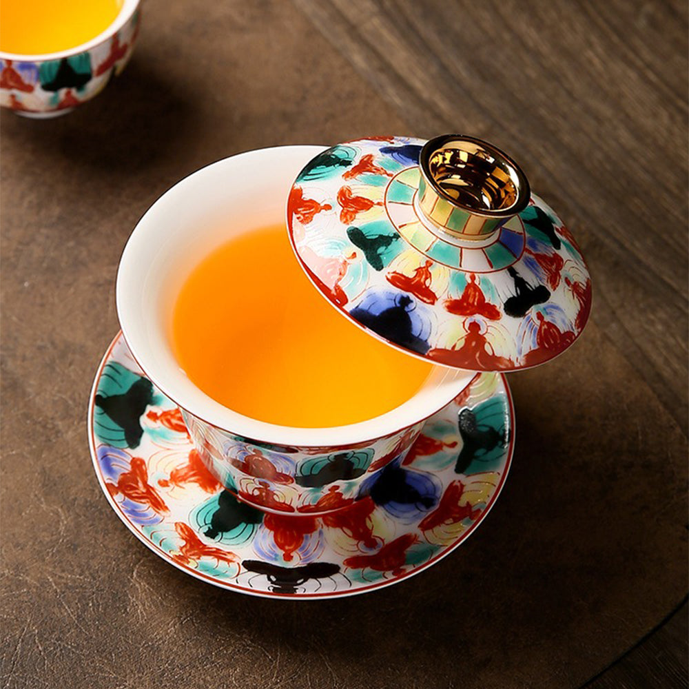 Premium Hand-Painted Enamel Porcelain Gaiwan Tea Set - Traditional Chinese Buddha Design - Perfect for Gongfu Tea Ceremony, Meditation & Home Decor