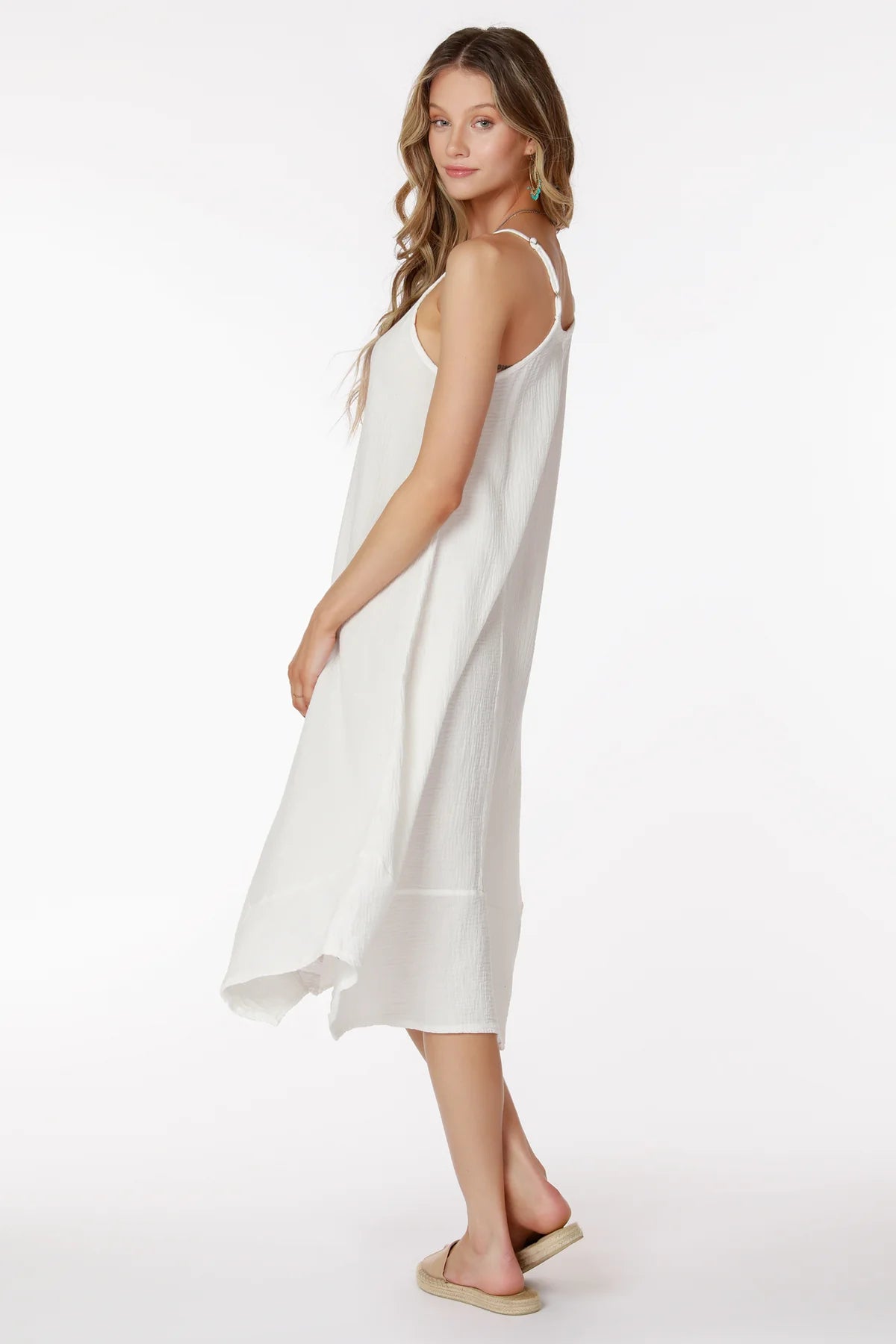 Elegant White V-Neck Cami Midi Handkerchief Dress for Women | Summer Casual & Party Wear | Perfect for Date Nights, Beach Outings, and Special Occasions